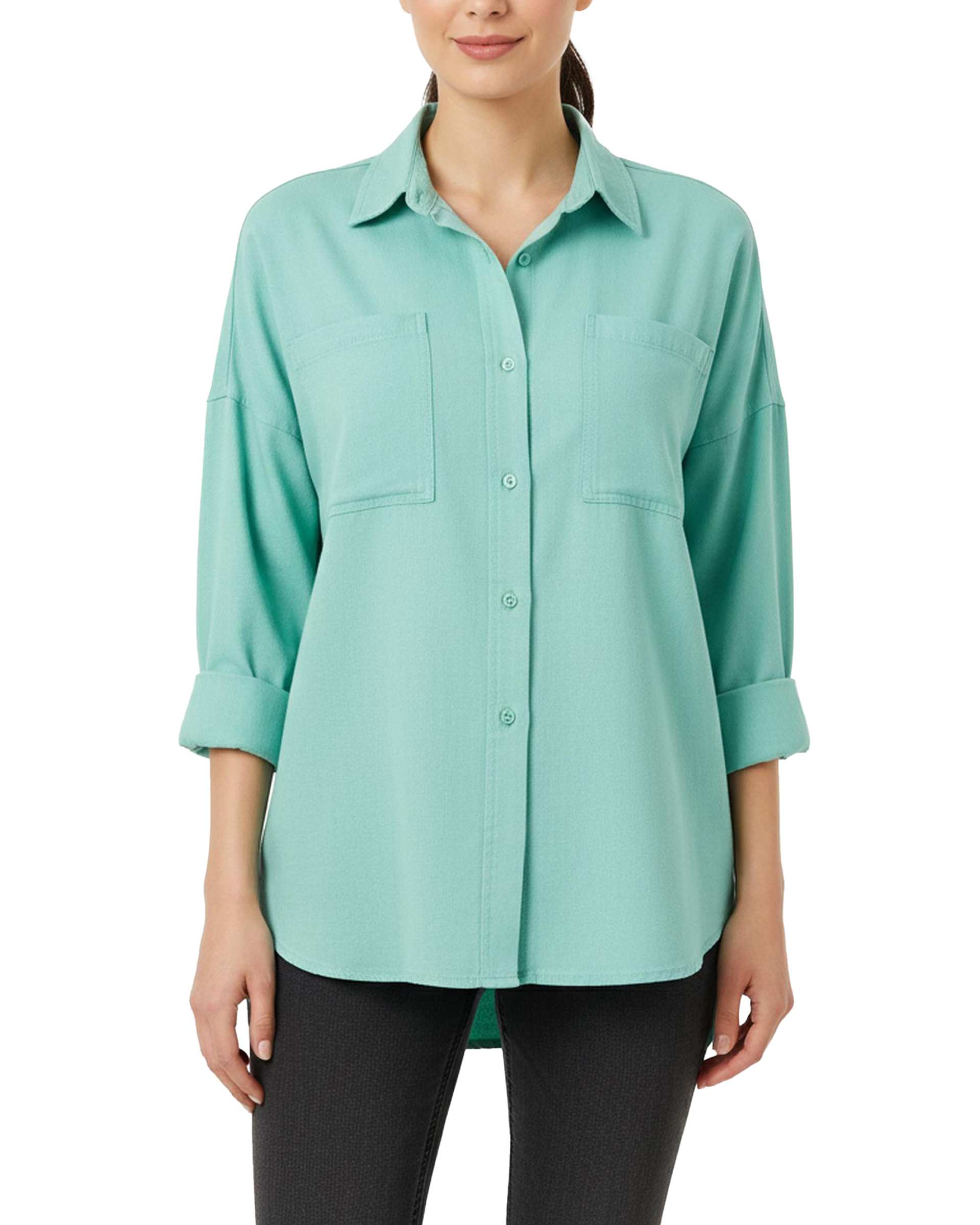 شومیز کتان زنانه قد 70 فیروزه ای رویال جین Royal Jeans کد 202225