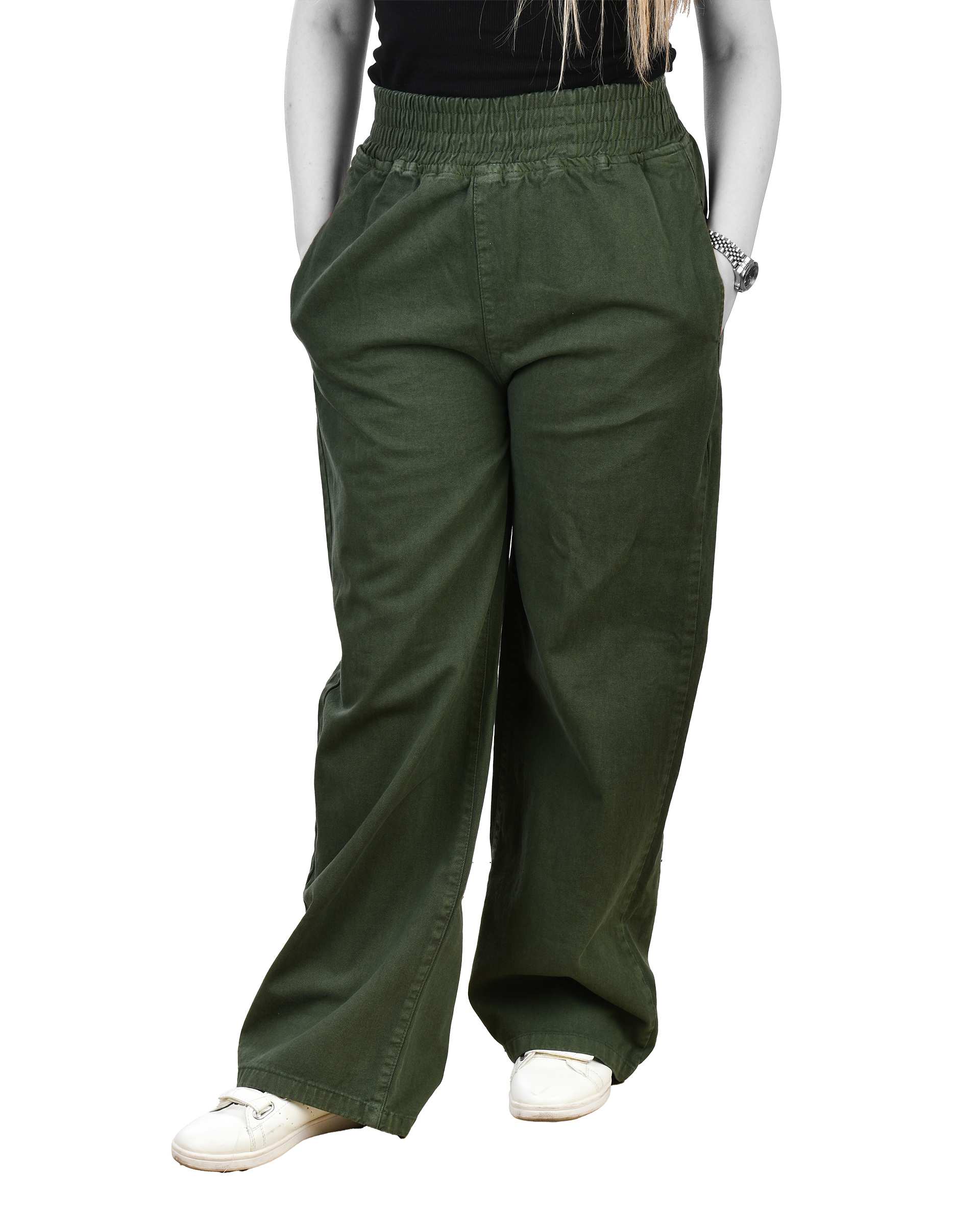 شلوار کتان زنانه بگ کمر کش قد 105 سبز تیره رویال جین Royal Jeans کد 0004001