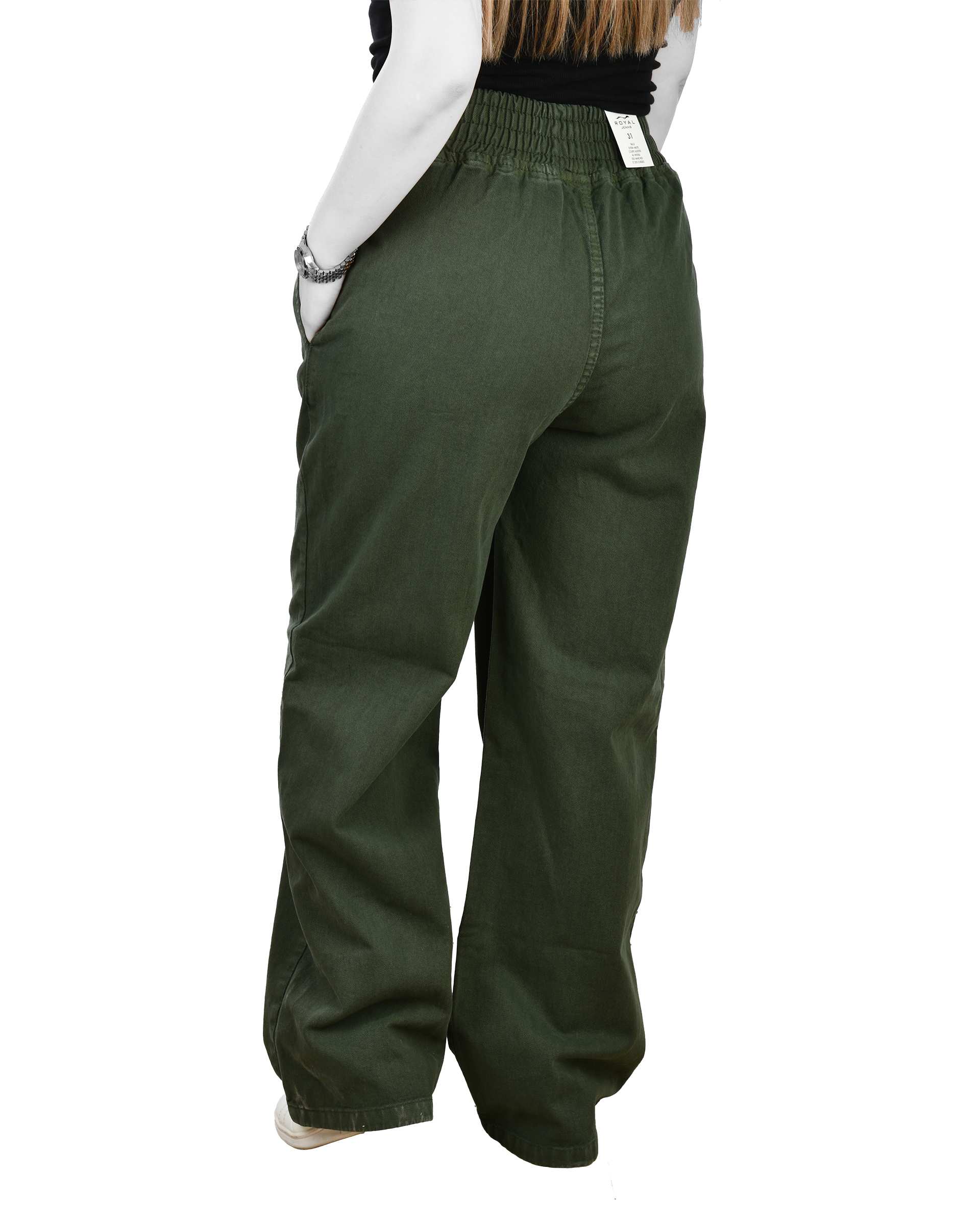 شلوار کتان زنانه بگ کمر کش قد 105 سبز تیره رویال جین Royal Jeans کد 0004001