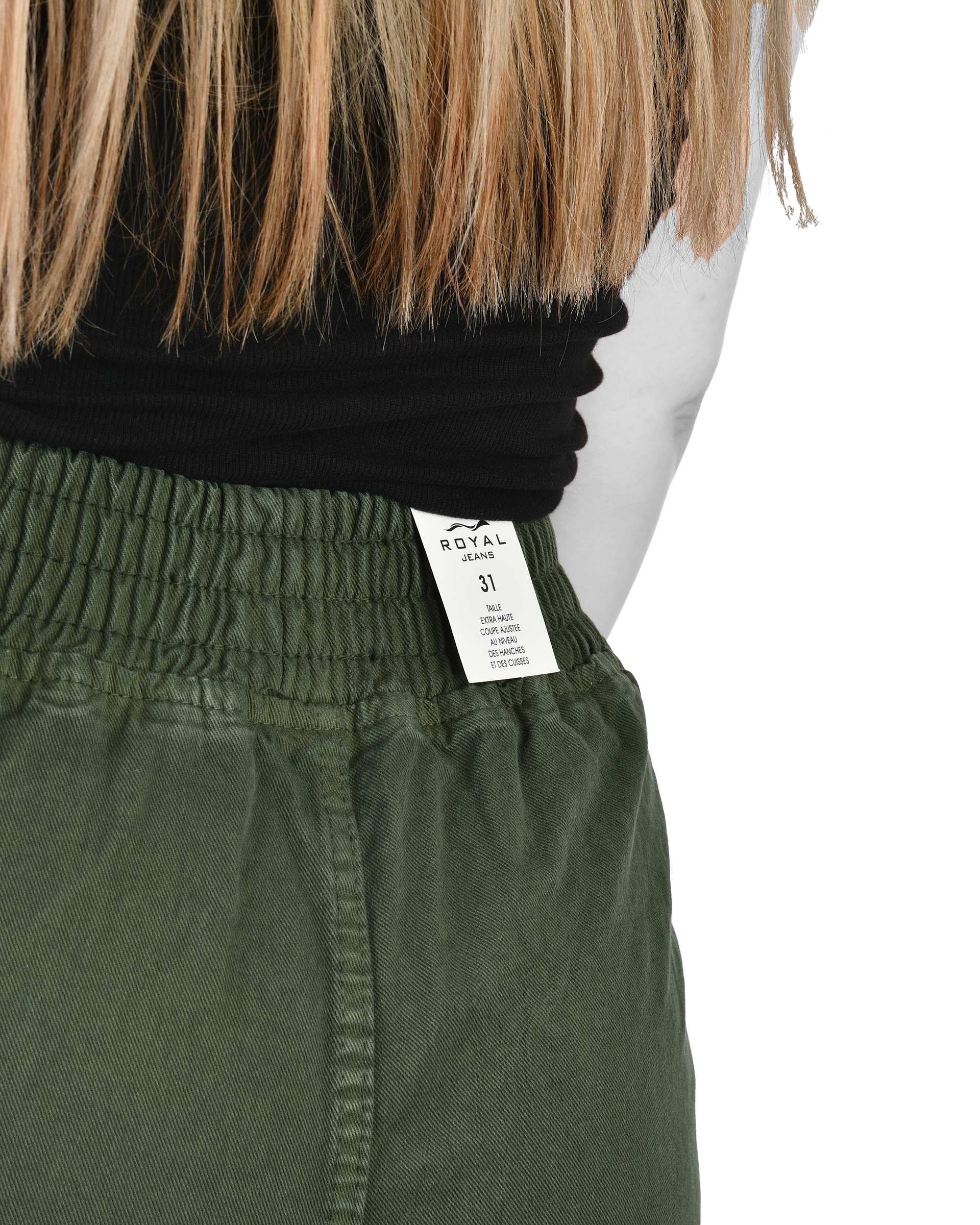 شلوار کتان زنانه بگ کمر کش قد 105 سبز تیره رویال جین Royal Jeans کد 0004001