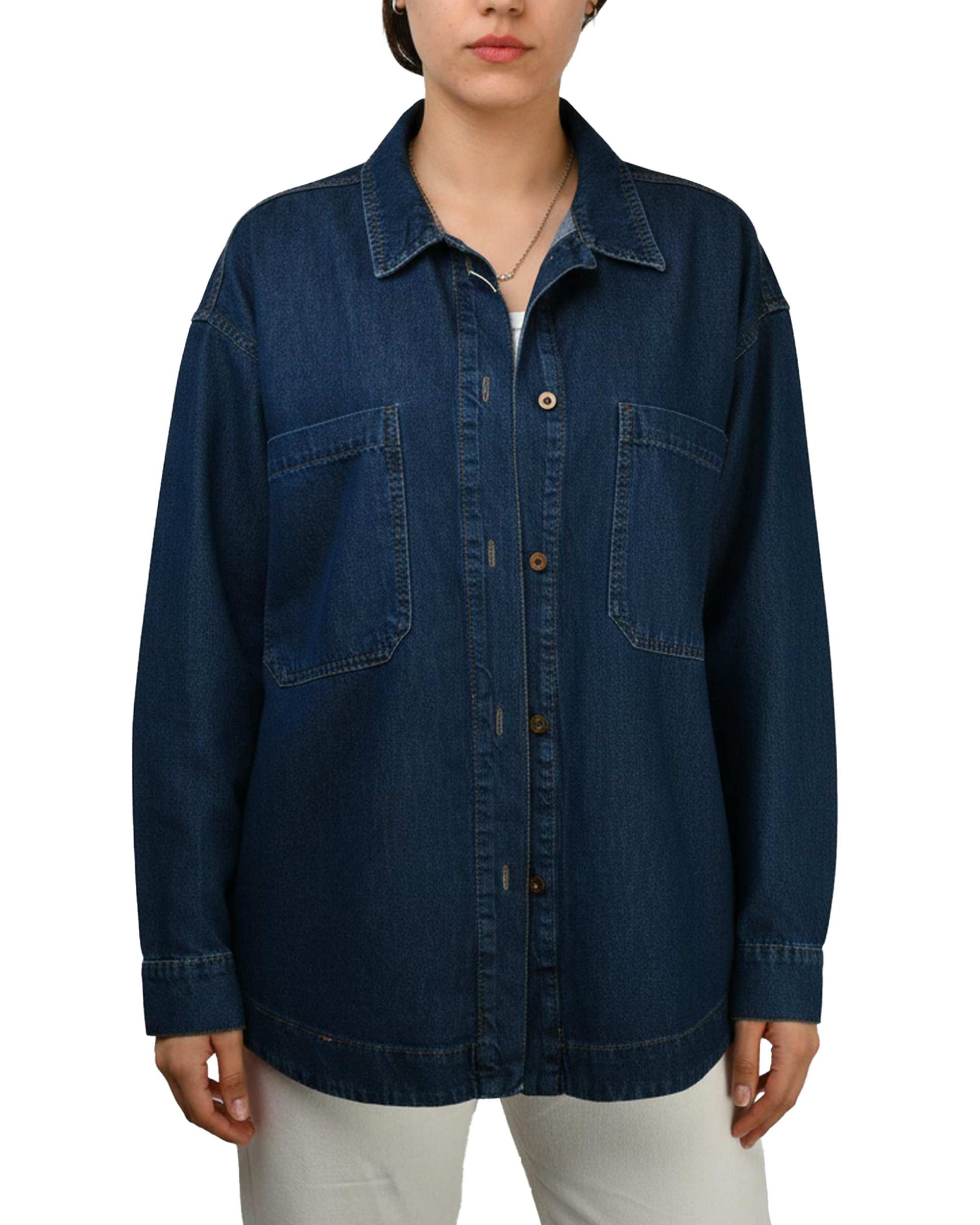 شومیز جین زنانه پایین هلال قد 70 آبی تیره رویال جین Royal Jeans کد 203414