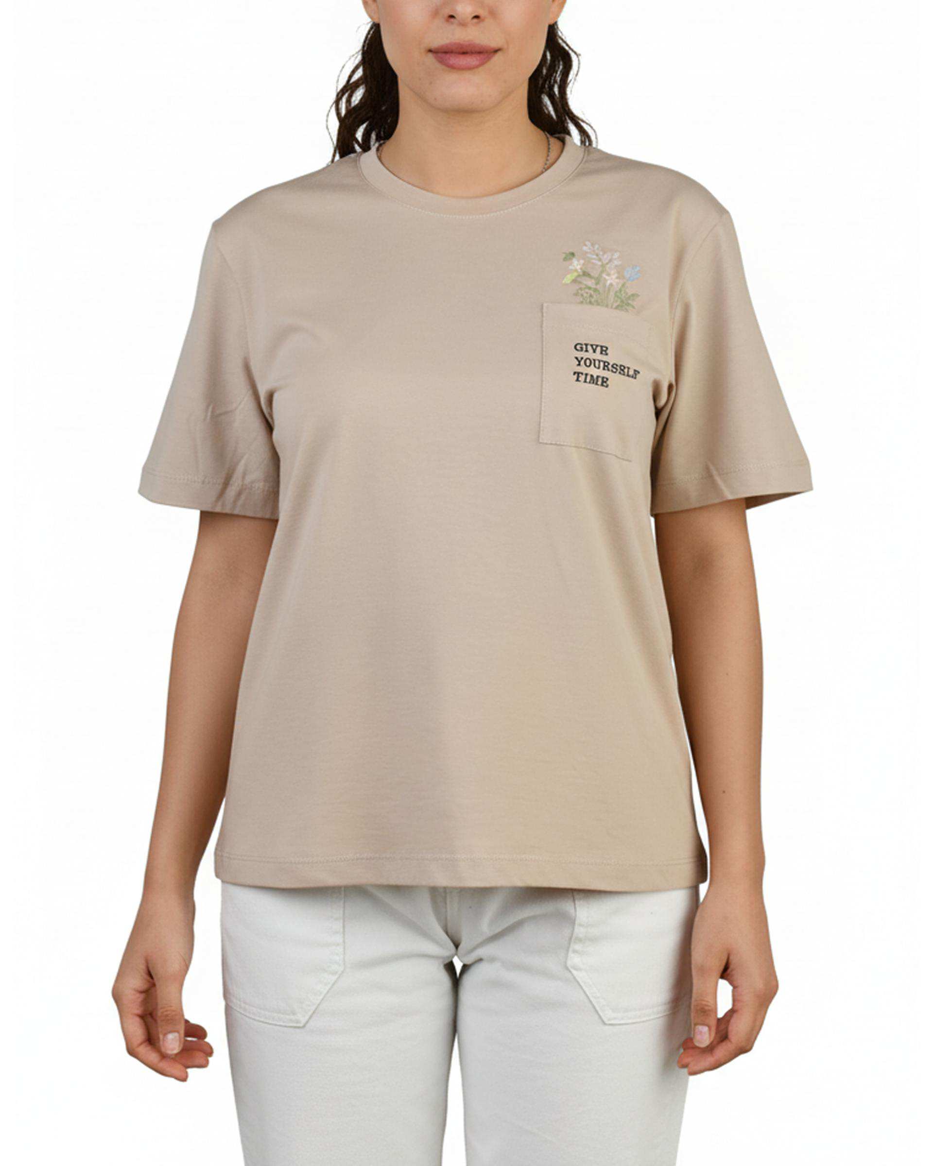 تی شرت زنانه نخی یقه گرد استخوانی جی پی ای JPA طرح GIVE YOURSELF TIME کد 4012013035
