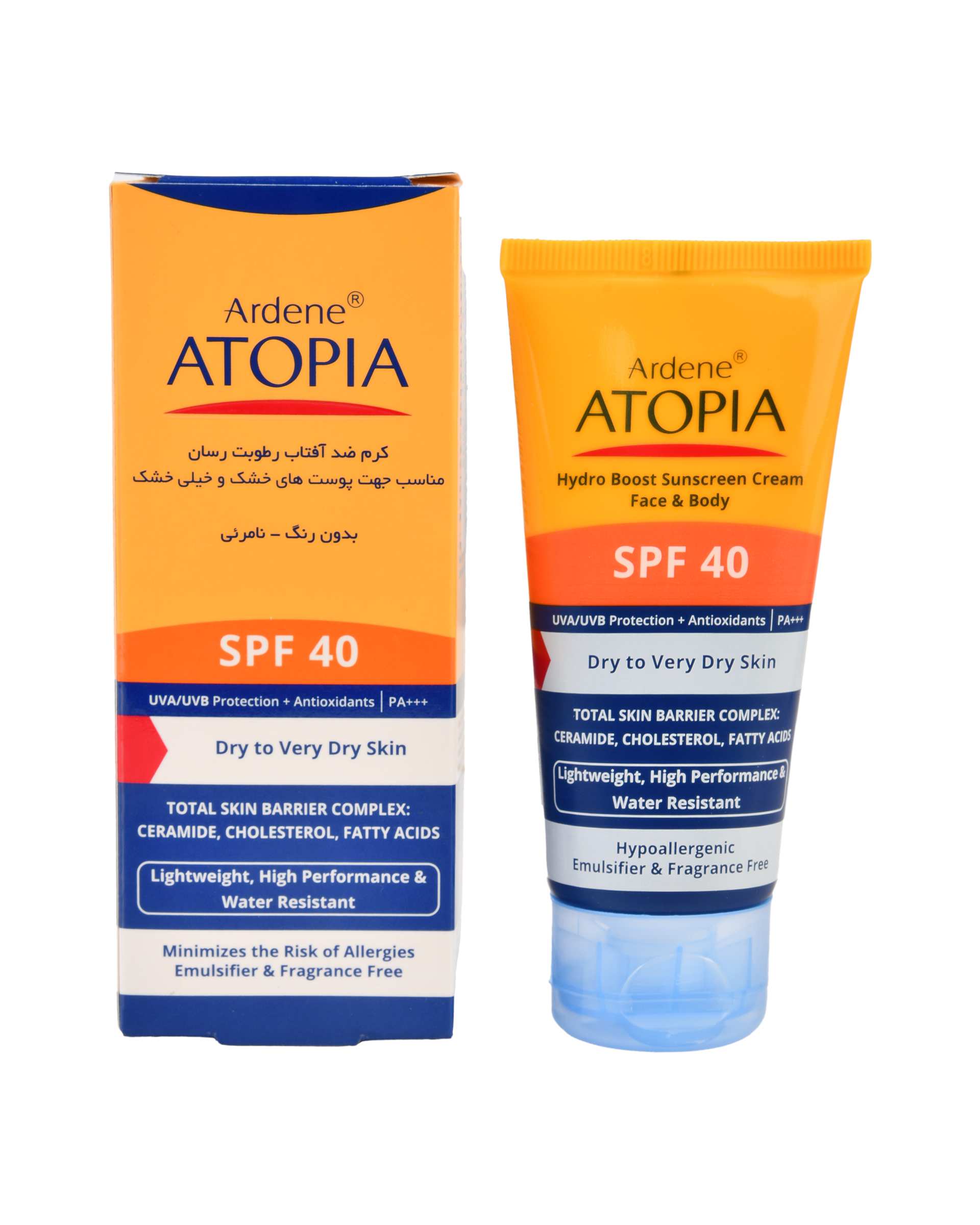 کرم ضد آفتاب بی رنگ رطوبت رسان صورت و بدن SPF40 آردن اتوپیا Ardene Atopia مناسب پوست خشک و خیلی خشک