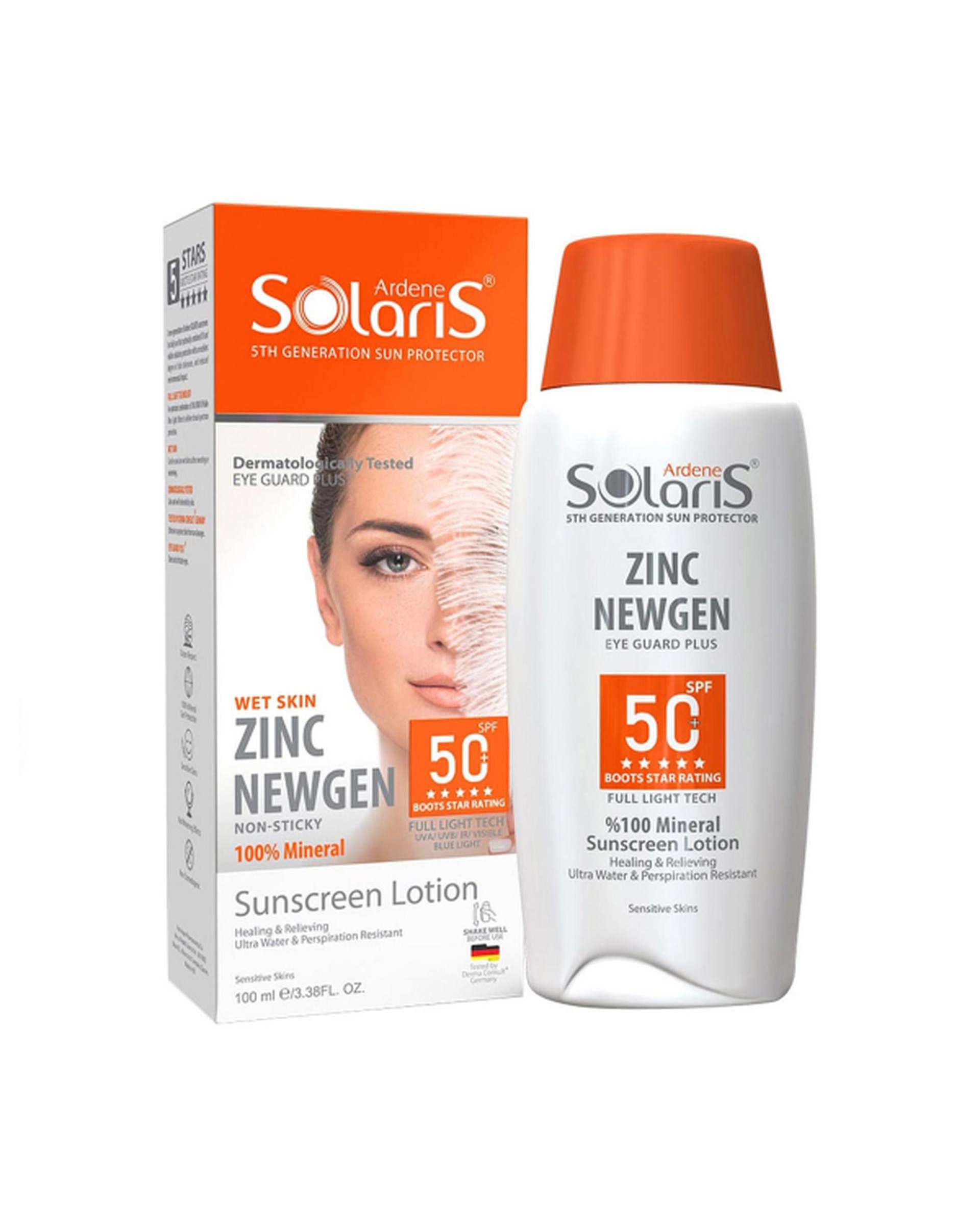 لوسیون ضد آفتاب و التیام بخش پوست SPF50 فاقد جاذب های شیمیایی آردن سولاریس Ardene Solaris مدل ZINC NEWGEN مناسب پوست حساس