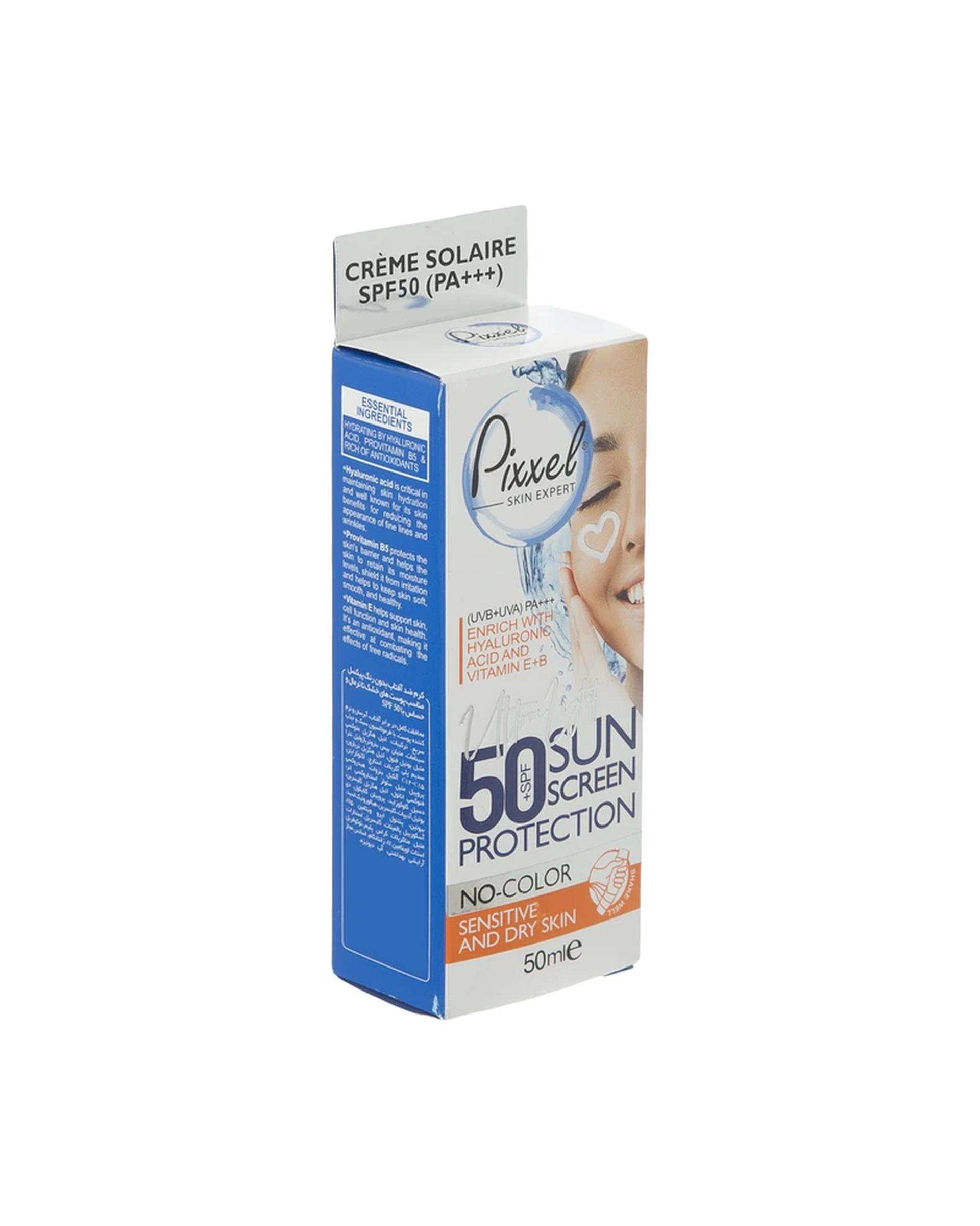 کرم ضد آفتاب بی رنگ SPF50 پیکسل Pixxle مناسب پوست خشک و معمولی