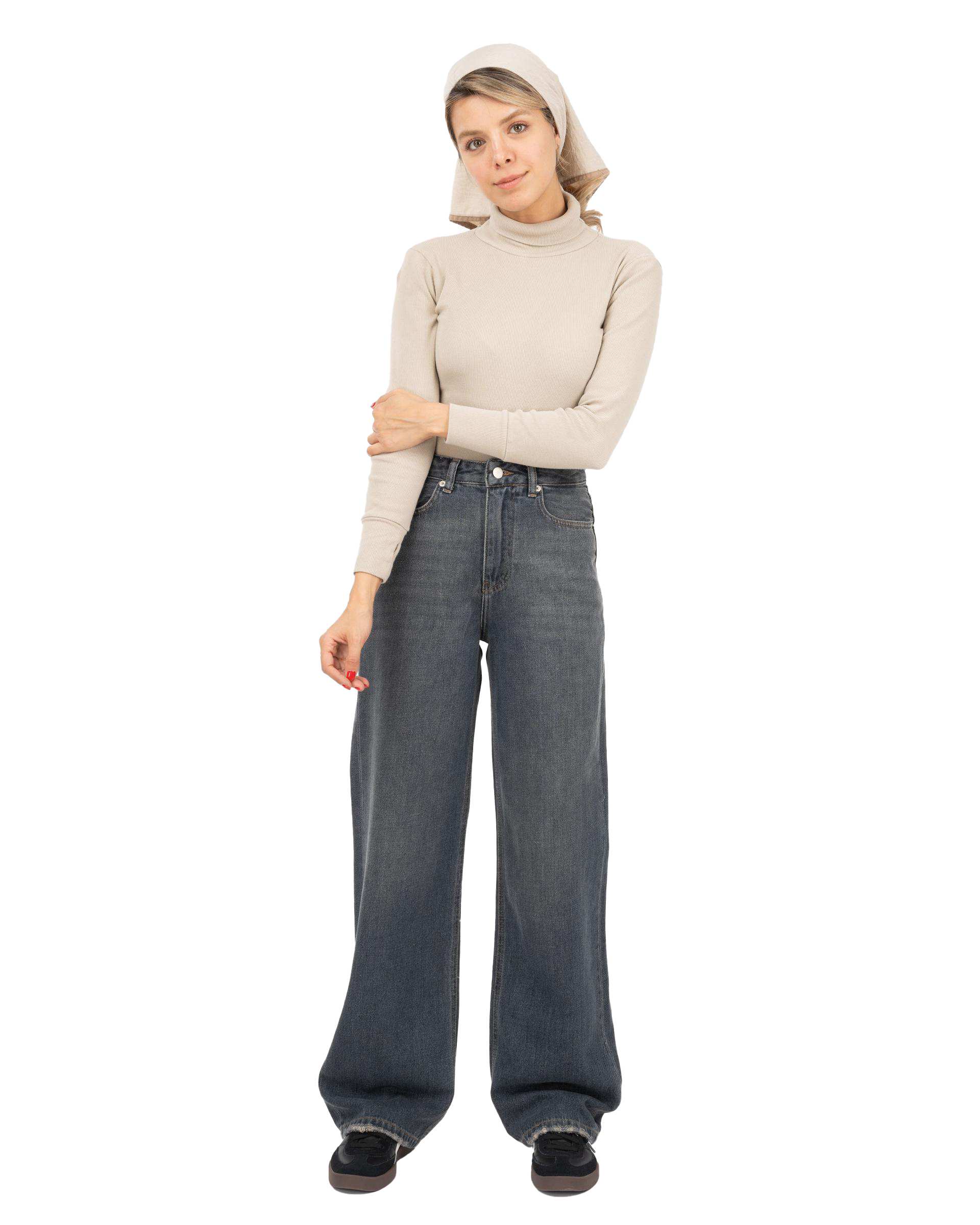 شلوار جین زنانه نیم بگ قد 110 طوسی آبی تیره رویال جین Royal Jeans مدل Royal jackpot کد 59690