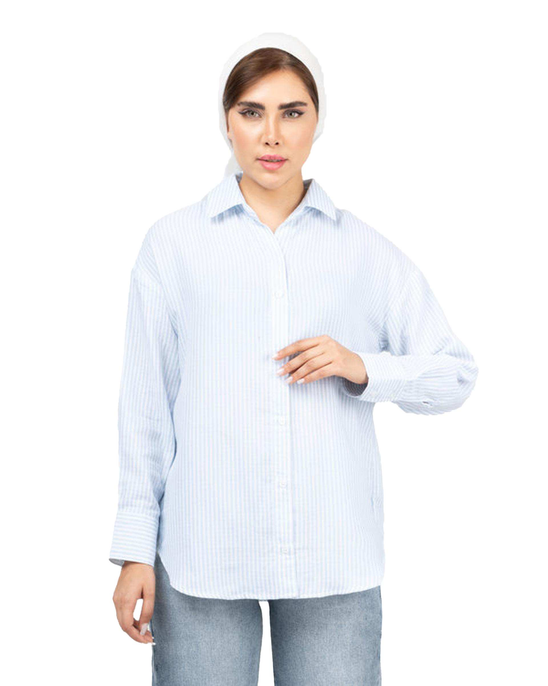 شومیز زنانه لینن قد 70 سفید آبی روشن رویال جین Royal Jeans کد X207383