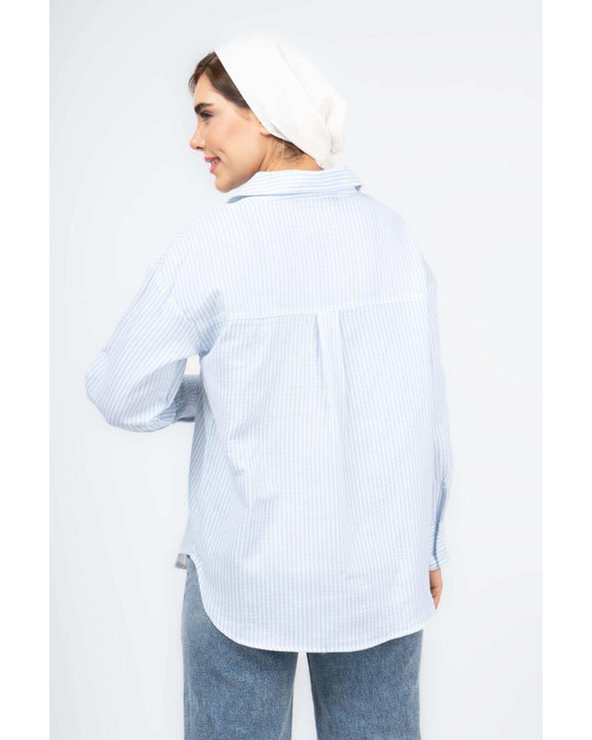 شومیز زنانه لینن قد 70 سفید آبی روشن رویال جین Royal Jeans کد X207383