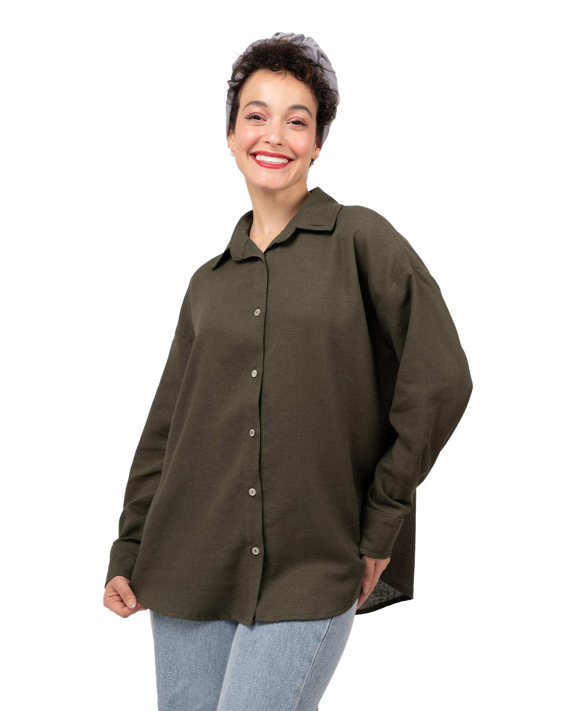 شومیز زنانه لینن پرمیوم قد 70 سبز زیتونی رویال جین Royal Jeans کد K76002452