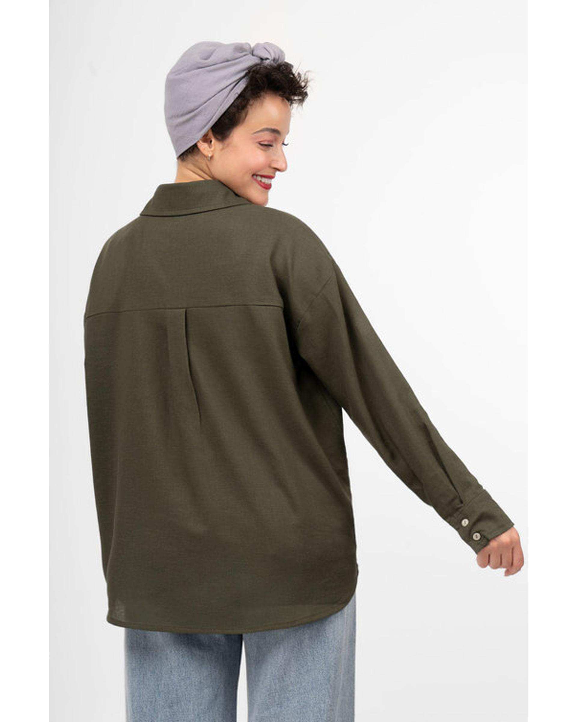 شومیز زنانه لینن پرمیوم قد 70 سبز زیتونی رویال جین Royal Jeans کد K76002452