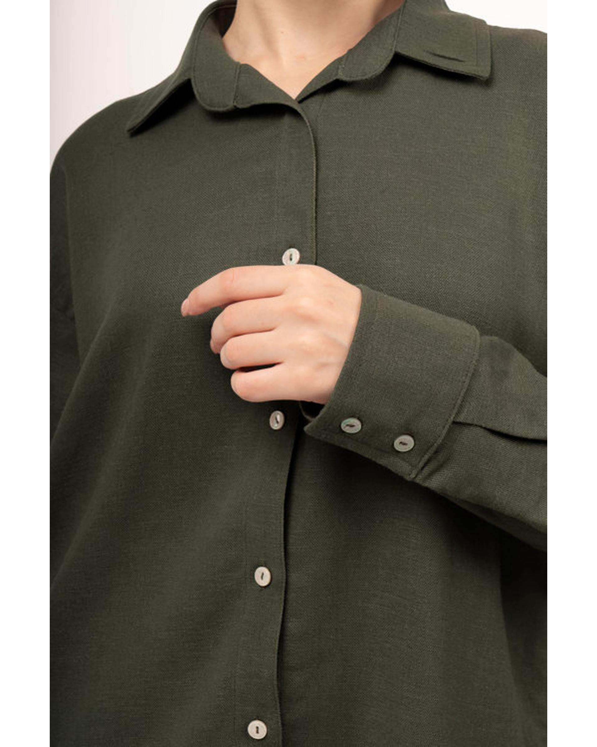 شومیز زنانه لینن پرمیوم قد 70 سبز زیتونی رویال جین Royal Jeans کد K76002452