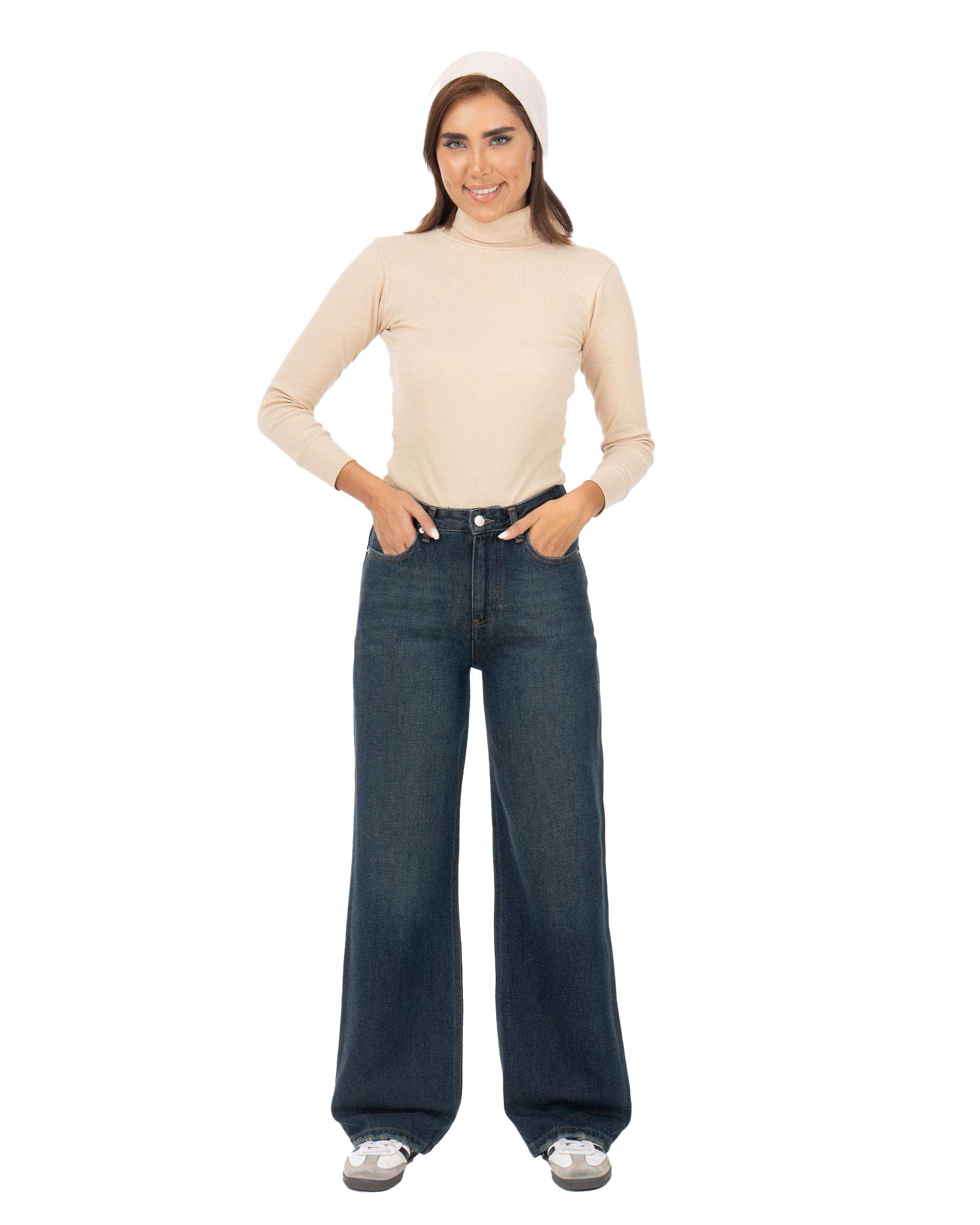 شلوار جین زنانه نیم بگ قد 110 آبی تیره رویال جین Royal Jeans مدل Royal jackpot کد 8002961