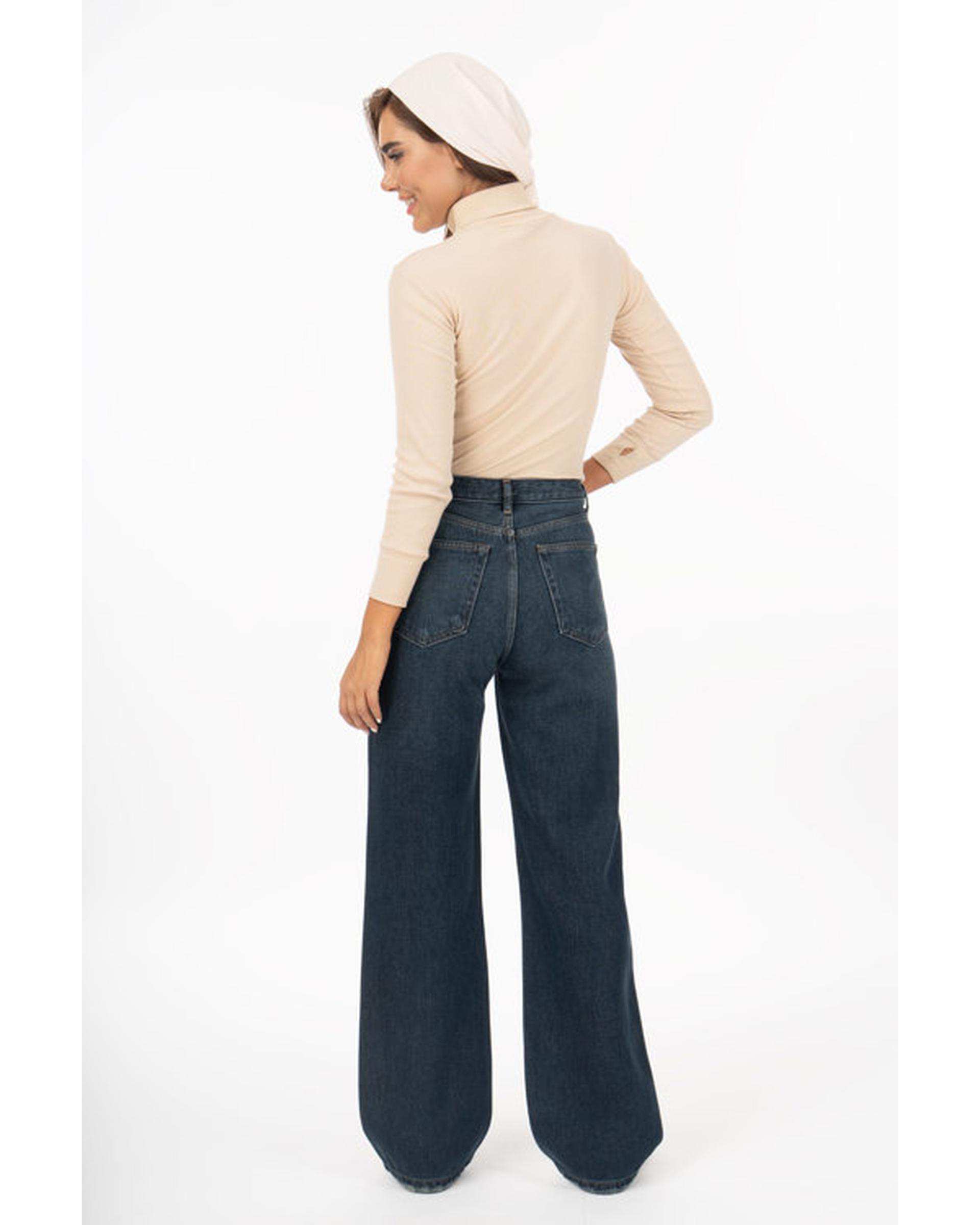 شلوار جین زنانه نیم بگ قد 110 آبی تیره رویال جین Royal Jeans مدل Royal jackpot کد 8002961