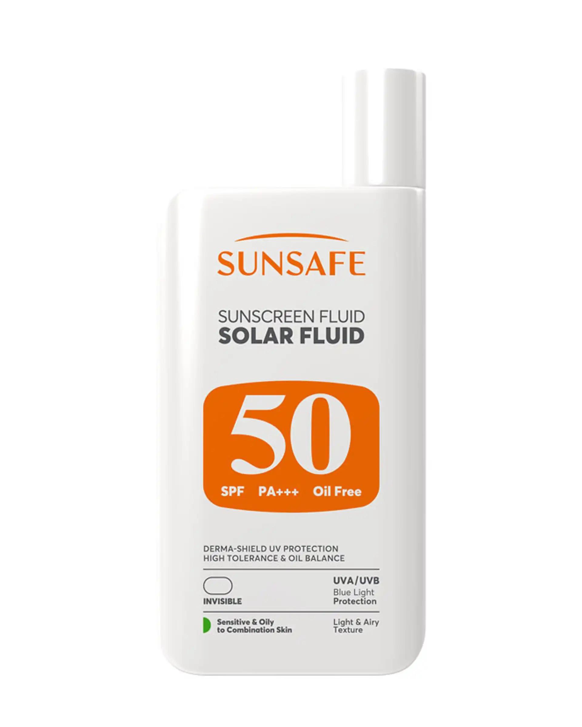 فلوئید ضد آفتاب بی رنگ SPF50 سان سیف Sun Safe مناسب پوست حساس و چرب و مستعد آکنه وزن 55 گرم
