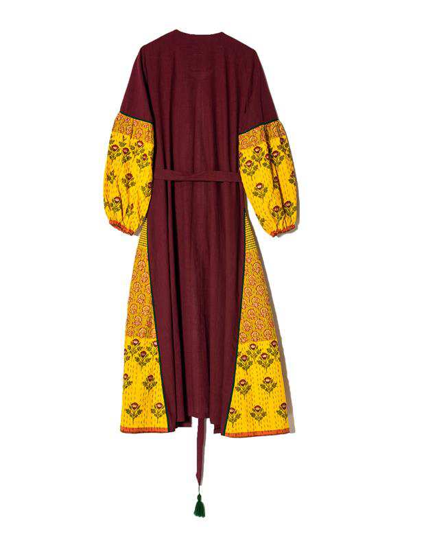 رویه زنانه آستین پفی کوک دوزی زرشکی زرد گلدار تیس