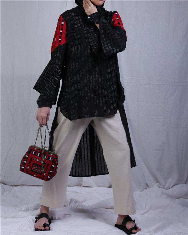 ست مانتو و شلوار زنانه سوزن دوزی مشکی کرم تیس