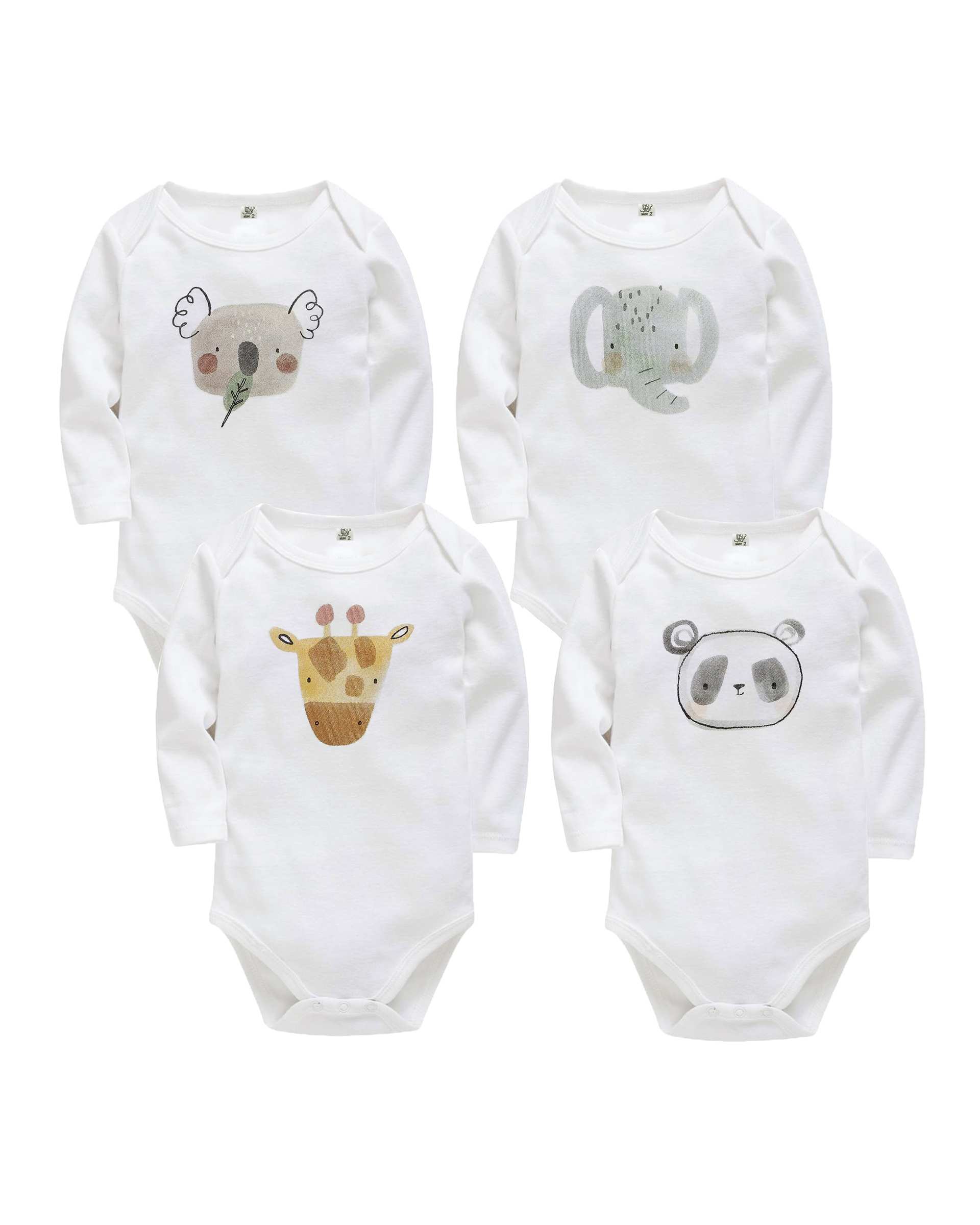 بادی نوزادی نخی آستین بلند طرح حیوانات سفید نیل کوک Nilkouk بسته 4 عددی