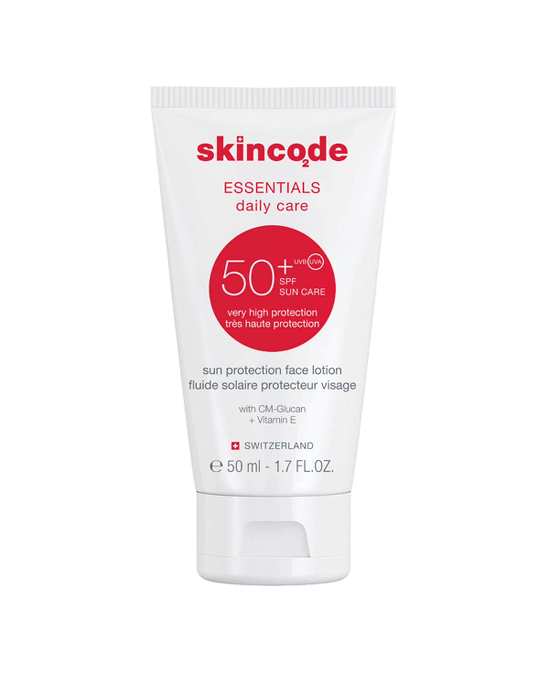 لوسیون ضد آفتاب SPF50 بی رنگ اسکین کد Skincode سری Essentials مدل Sun Protection Face Lotion