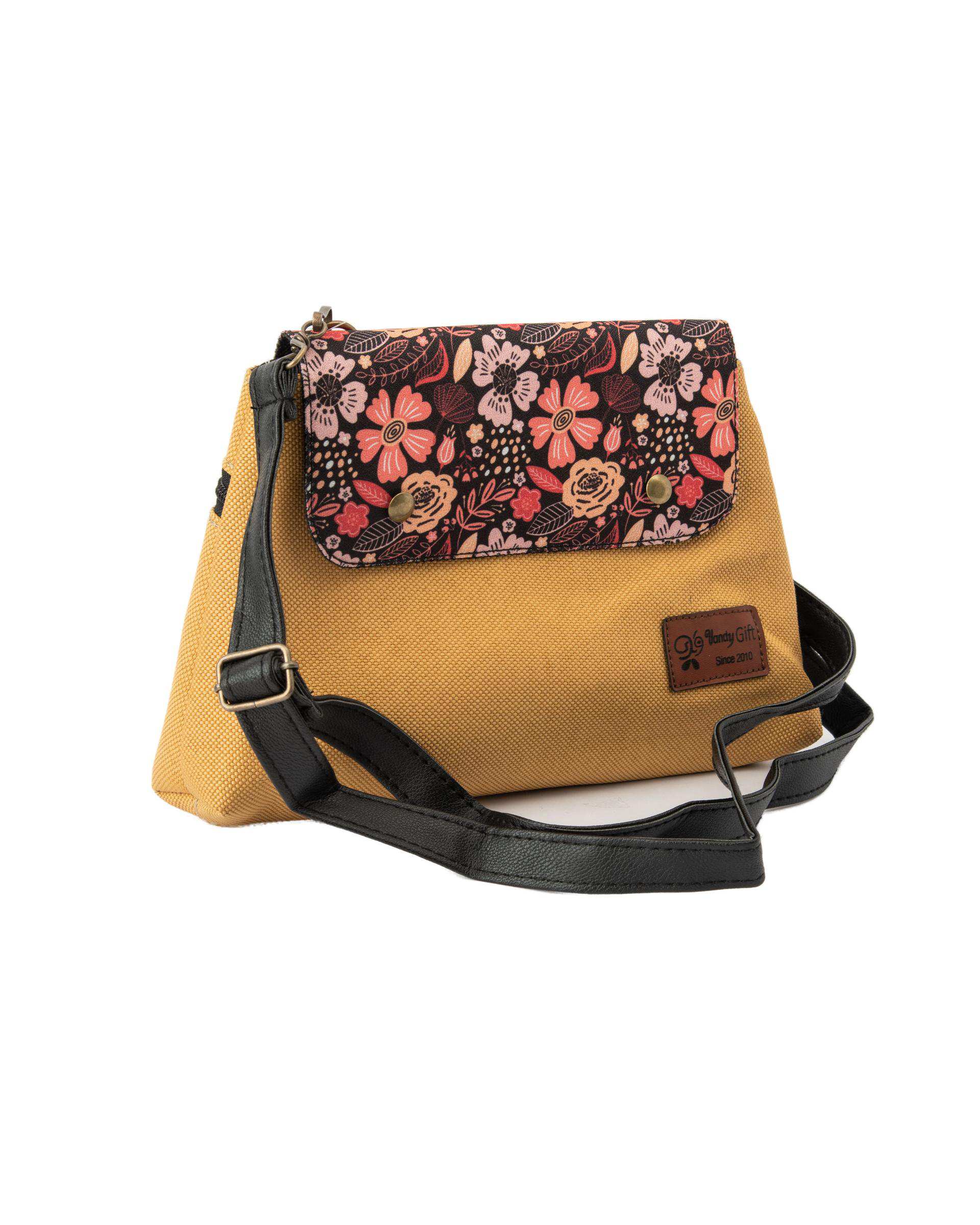 کیف زنانه دوشی خردلی گلدار وندی Vandy مدل باران