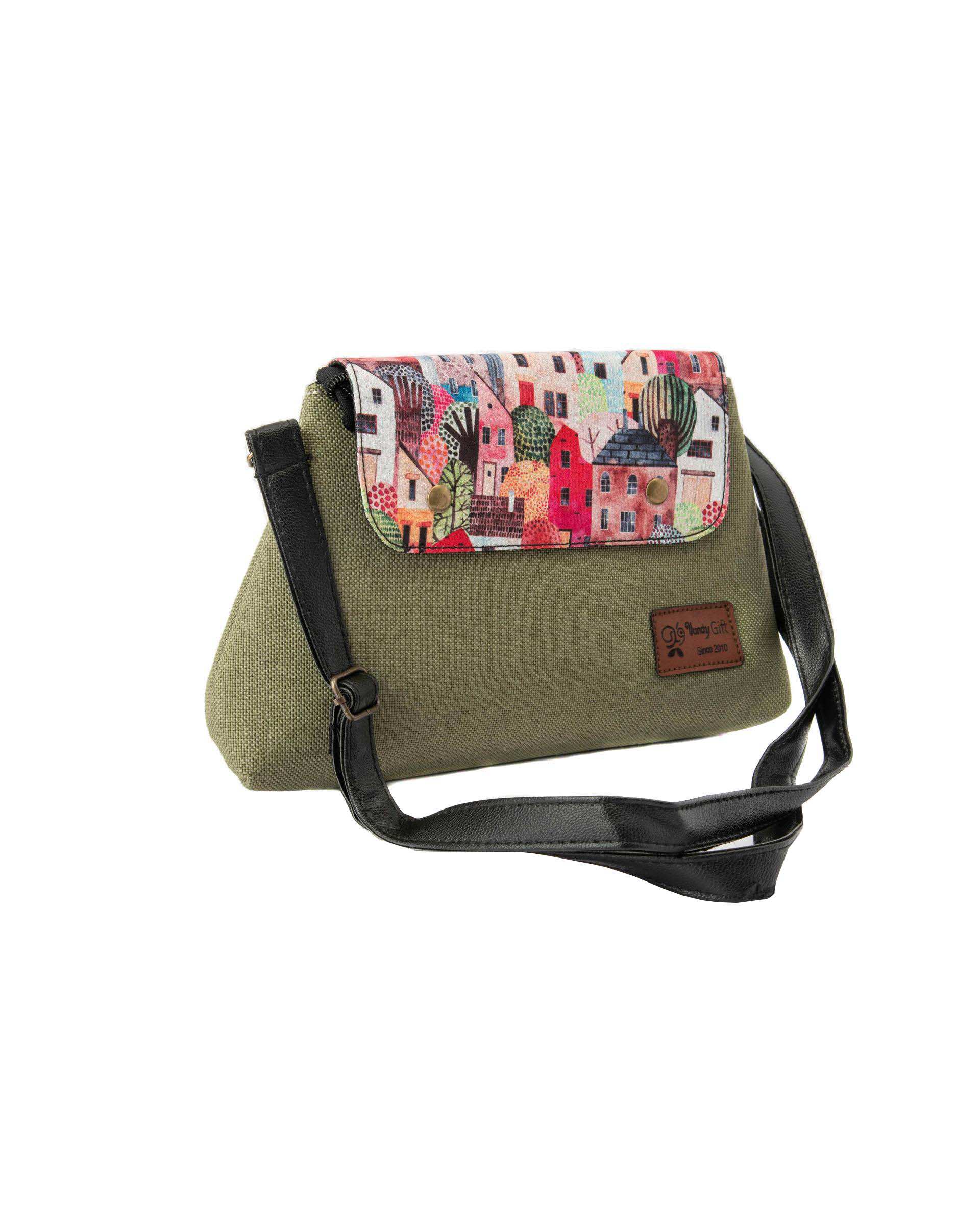 کیف زنانه دوشی سبز وندی Vandy مدل باران طرح خانه