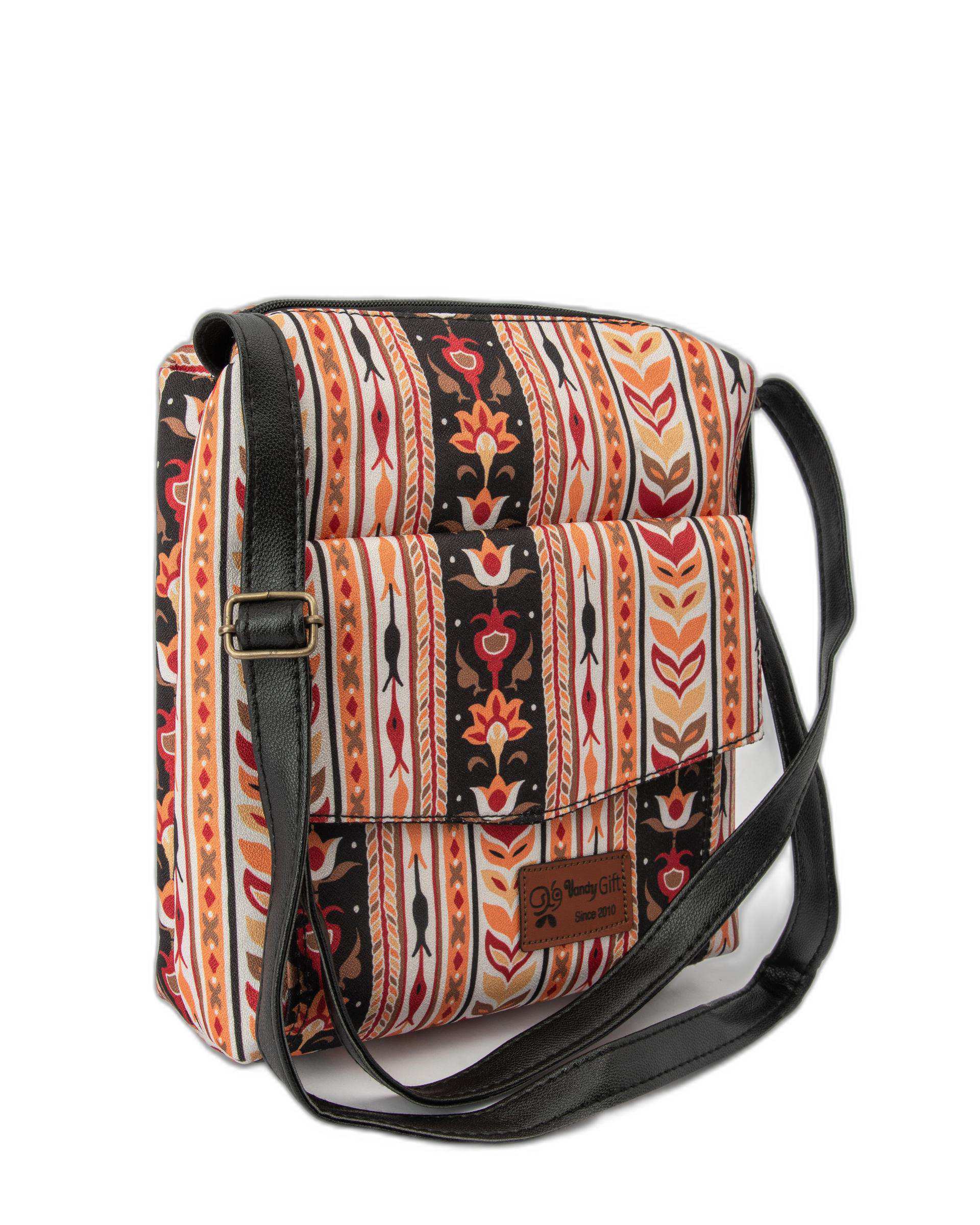 کیف زنانه دوشی مشکی نارنجی گلدار وندی Vandi مدل شمیم