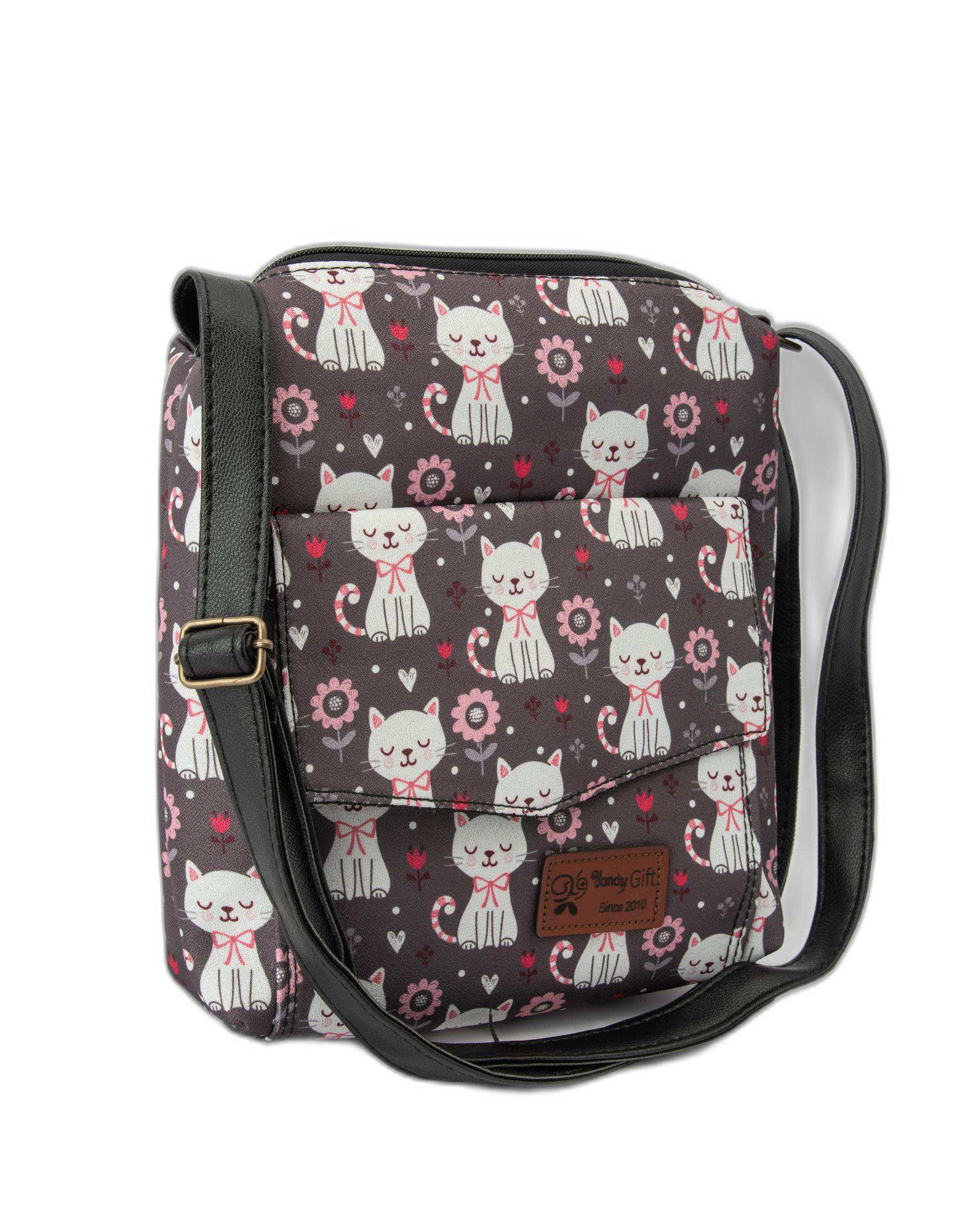 کیف زنانه دوشی زغالی وندی Vandi مدل شمیم طرح گربه