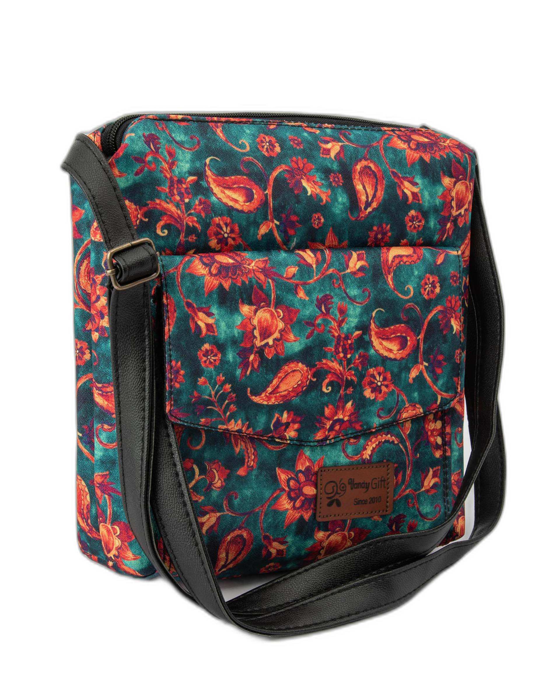 کیف زنانه دوشی سبز یشمی گلدار وندی Vandi مدل شمیم