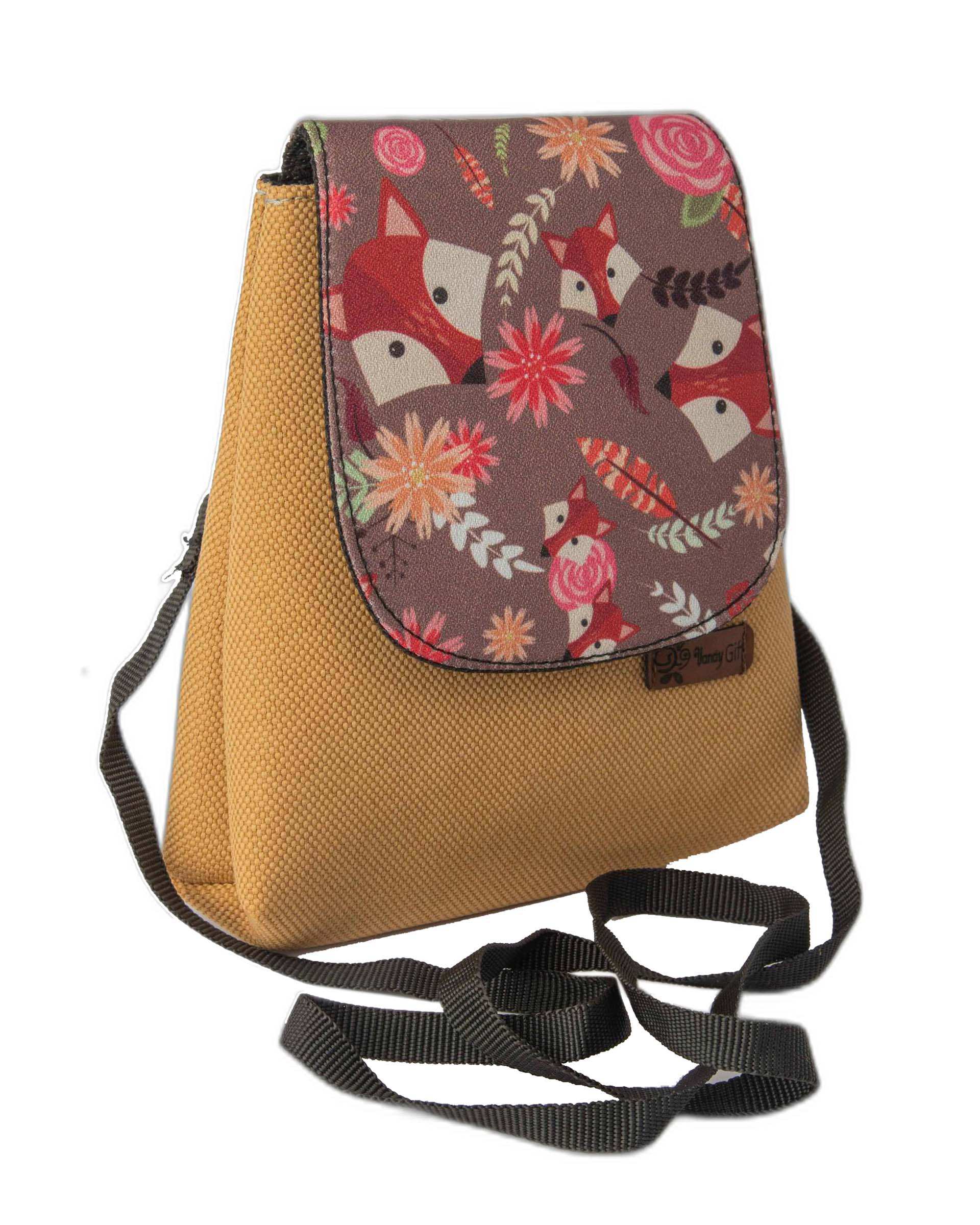 کیف زنانه کمری و دوشی خردلی وندی Vandi مدل نبات طرح روباه