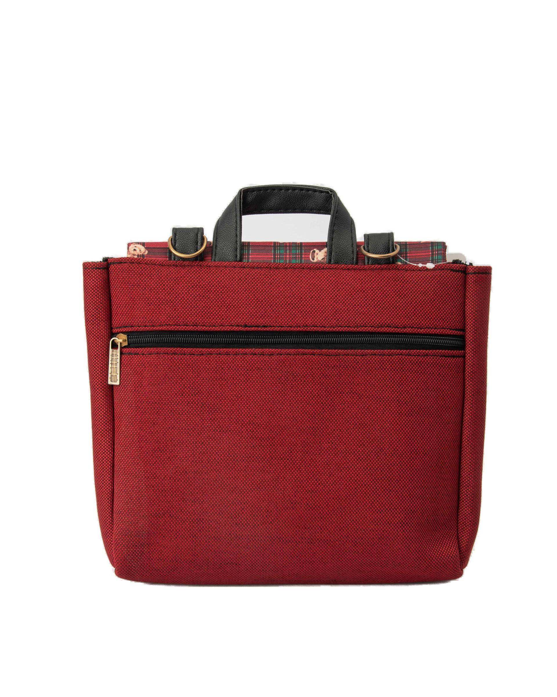 کیف زنانه دوشی زرشکی چهارخانه وندی Vandy مدل گلدونه طرح تدی