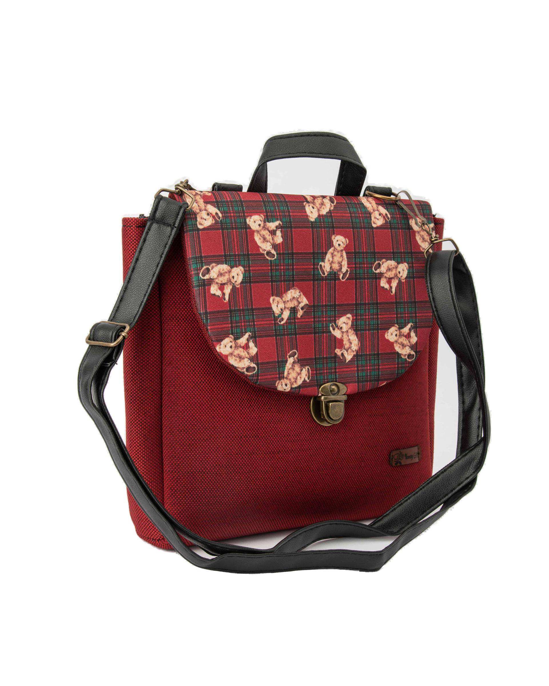 کیف زنانه دوشی زرشکی چهارخانه وندی Vandy مدل گلدونه طرح تدی