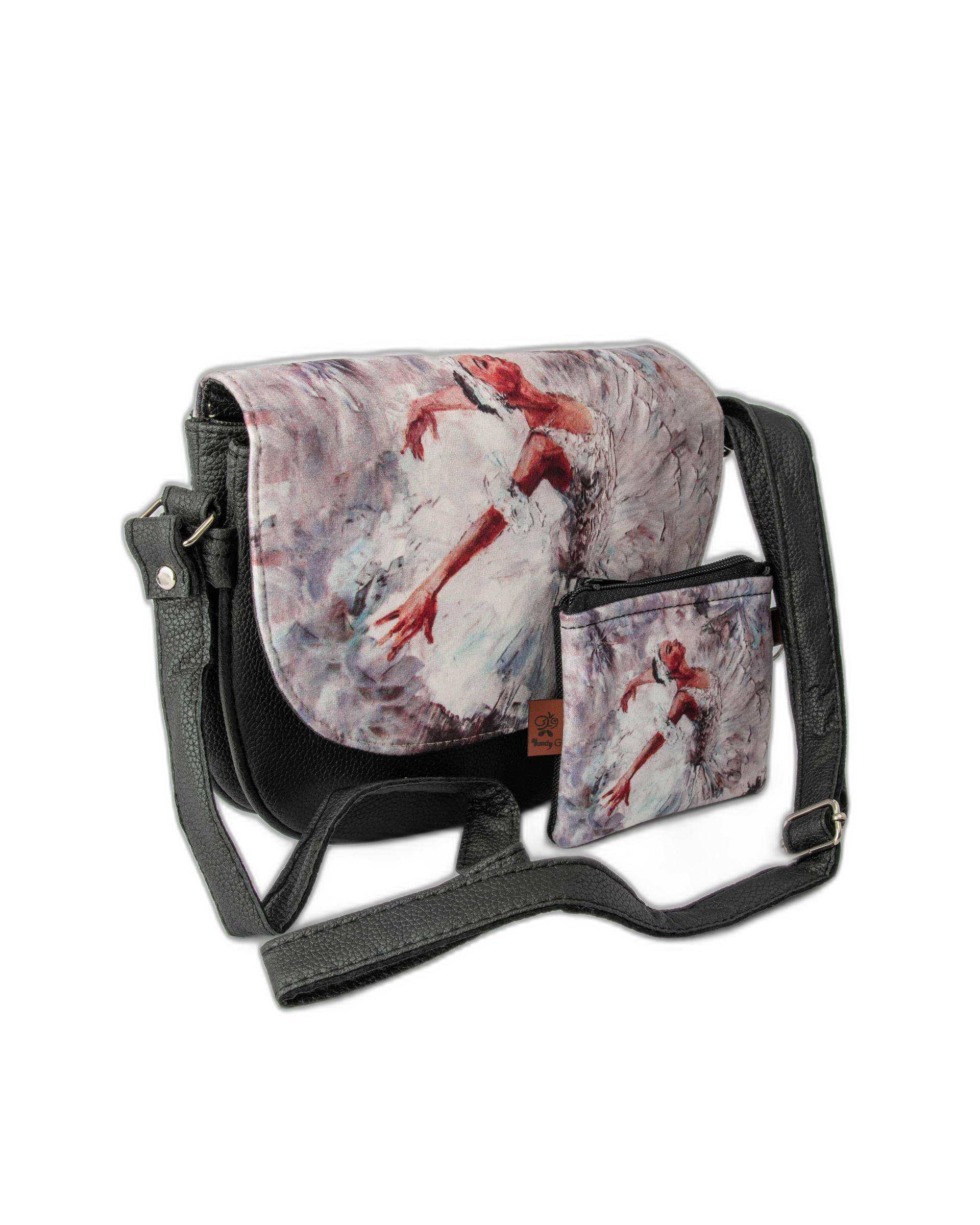 کیف زنانه دوشی به همراه کیف پول بنفش وندی Vandy مدل افرا طرح باله