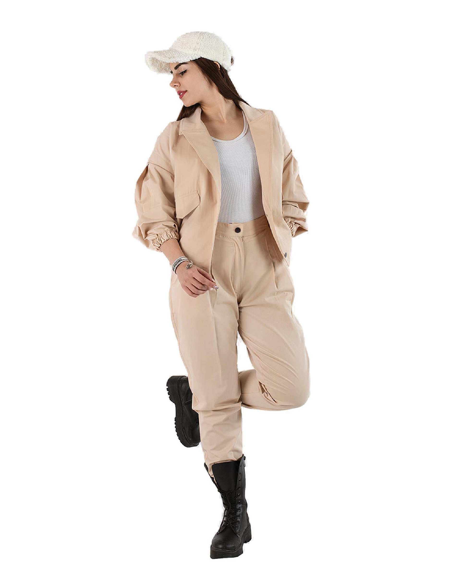 ست کت و شلوار زنانه کراپ کتان کرم مینوس Miinoos مدل آنجل