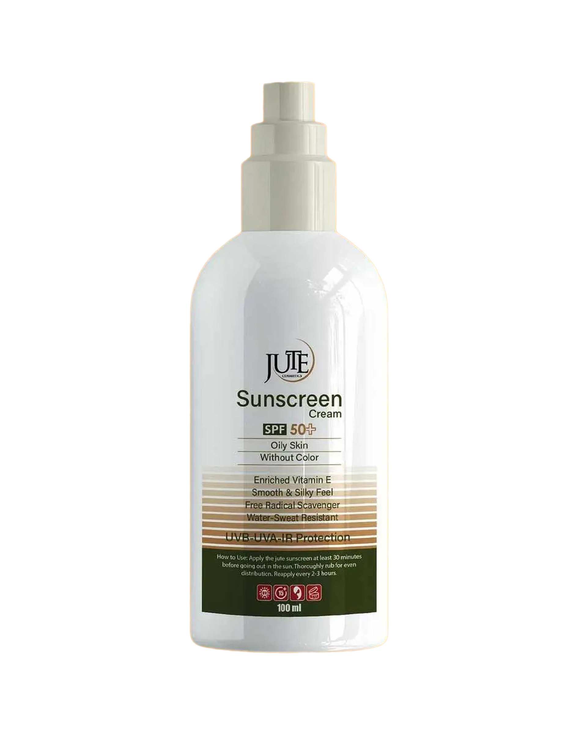 کرم ضد آفتاب بی رنگ پمپی SPF50 ژوت Jute مناسب پوست چرب 100ml