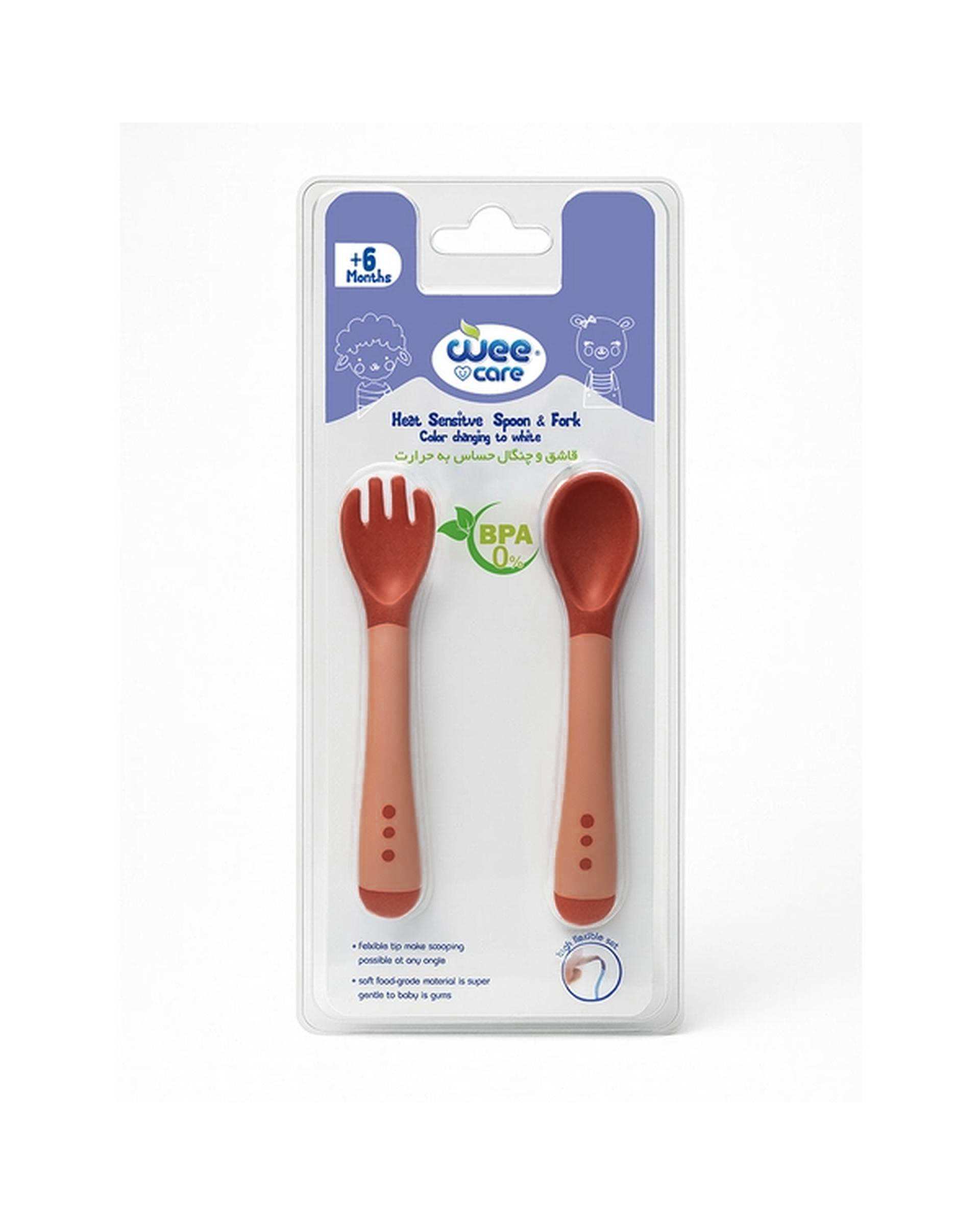 قاشق و چنگال سیلیکونی حساس به حرارت صورتی وی کر Wee Care کد U204