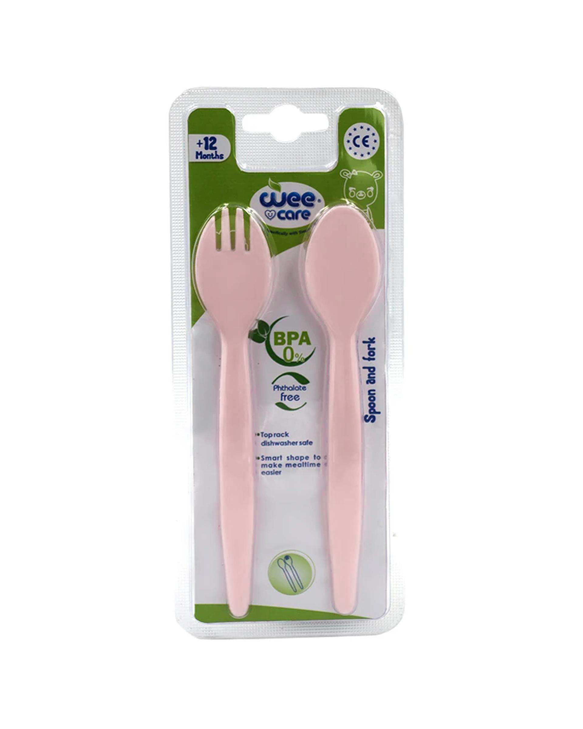 قاشق و چنگال کودک سیلیکونی صورتی وی کر Wee Care مدل U201