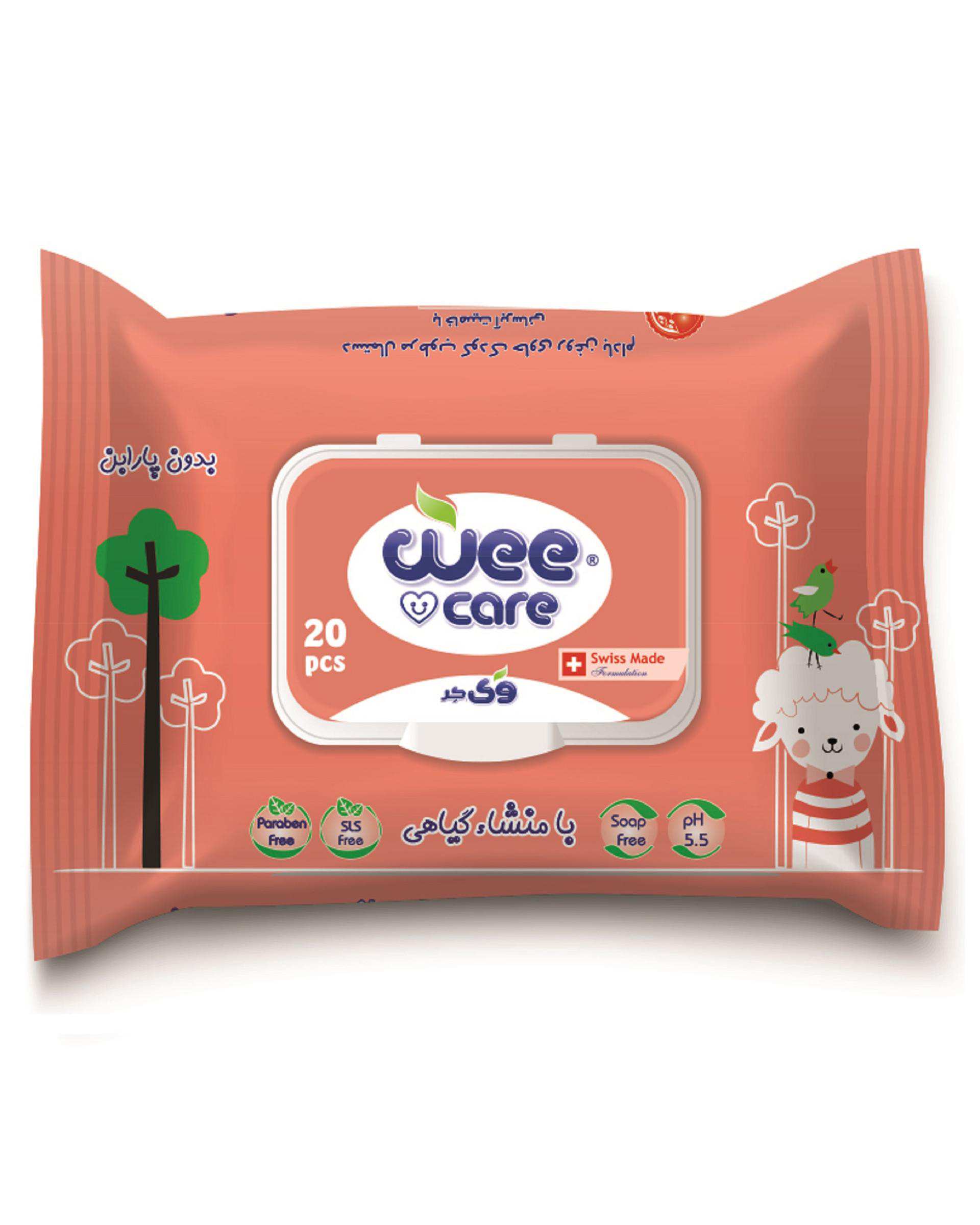 دستمال مرطوب کودک وی کر Wee Care حاوی روغن بادام بسته 20 عددی