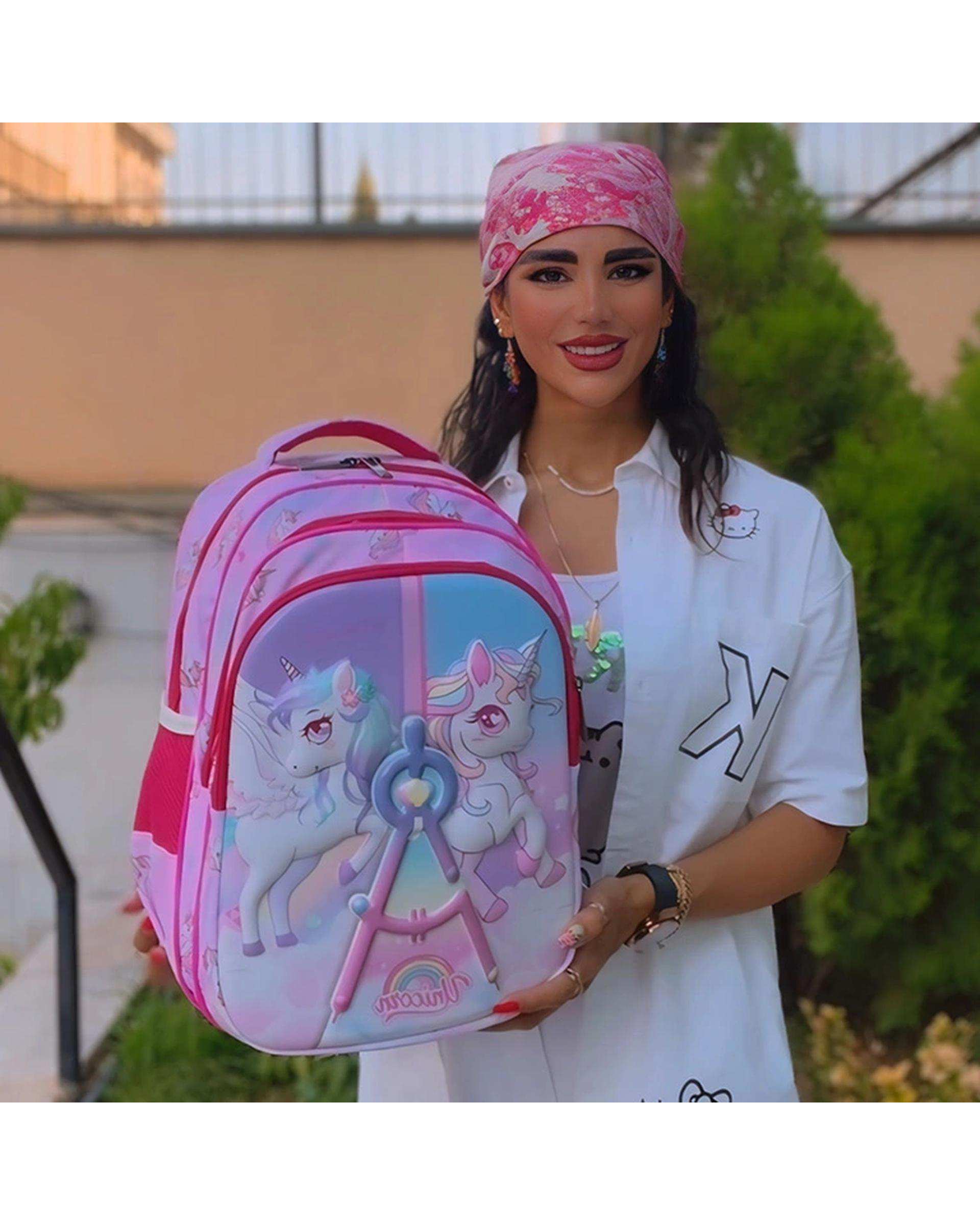 کوله پشتی دخترانه صورتی فوروارد Forward مدل FCLT3933 UNICORN DOUBLE طرح برجسته اسب تک شاخ