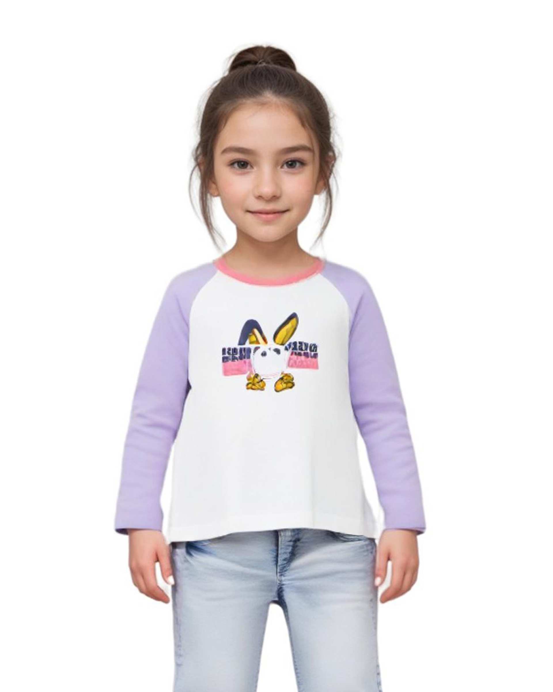 تی شرت دخترانه آستین بلند سفید بنفش هومنیتی Whomanity مدل WYKGTS3063