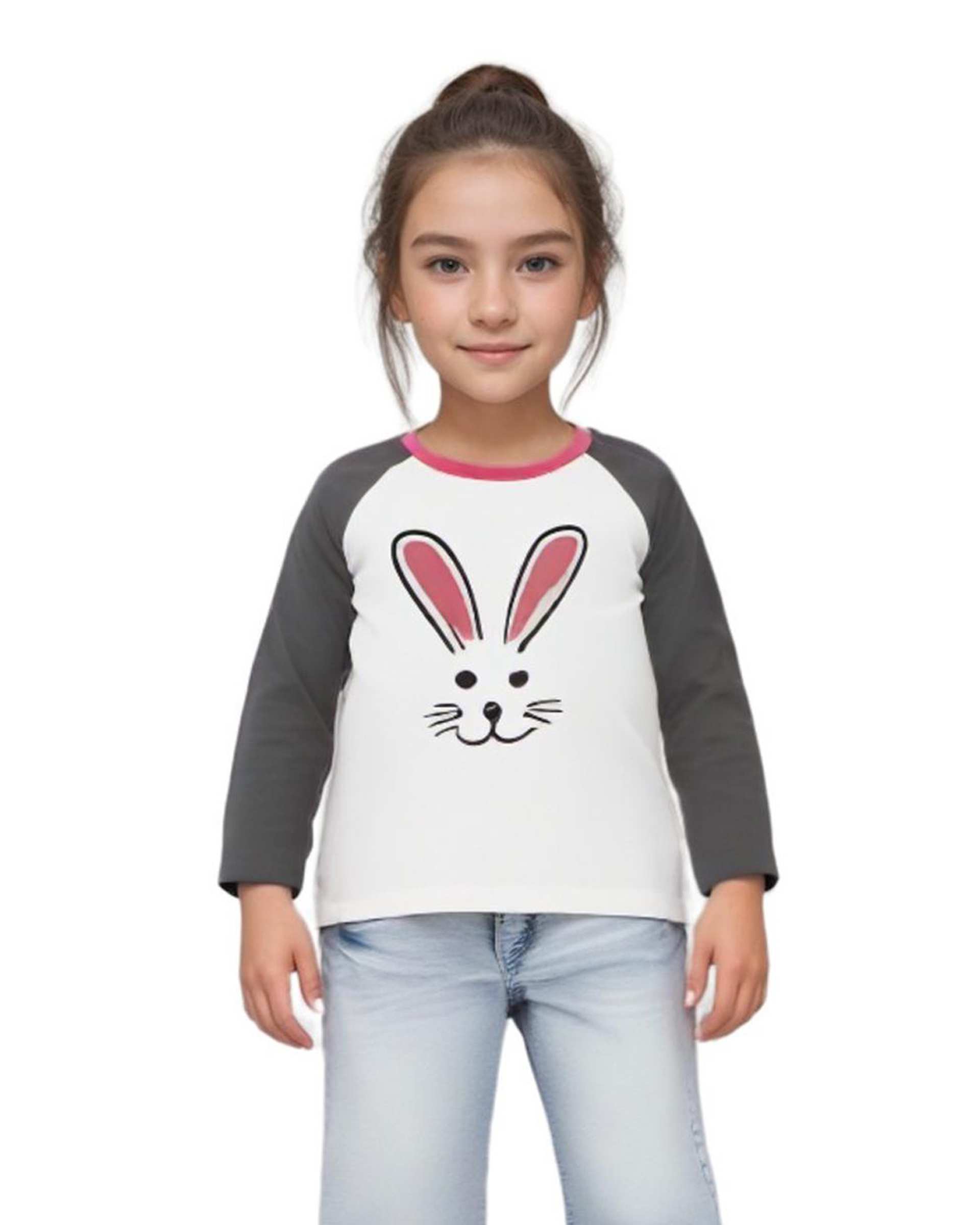 تی شرت دخترانه آستین بلند سفید طوسی هومنیتی Whomanity مدل WYKGTS3058