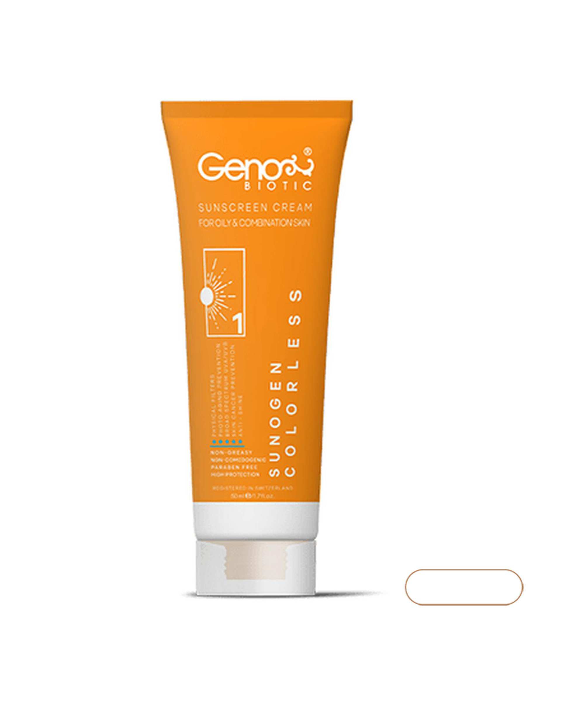 کرم ضد آفتاب بی رنگ SPF50 سانوژن ژنوبایوتیک Genobiotic مناسب پوست چرب و مختلط