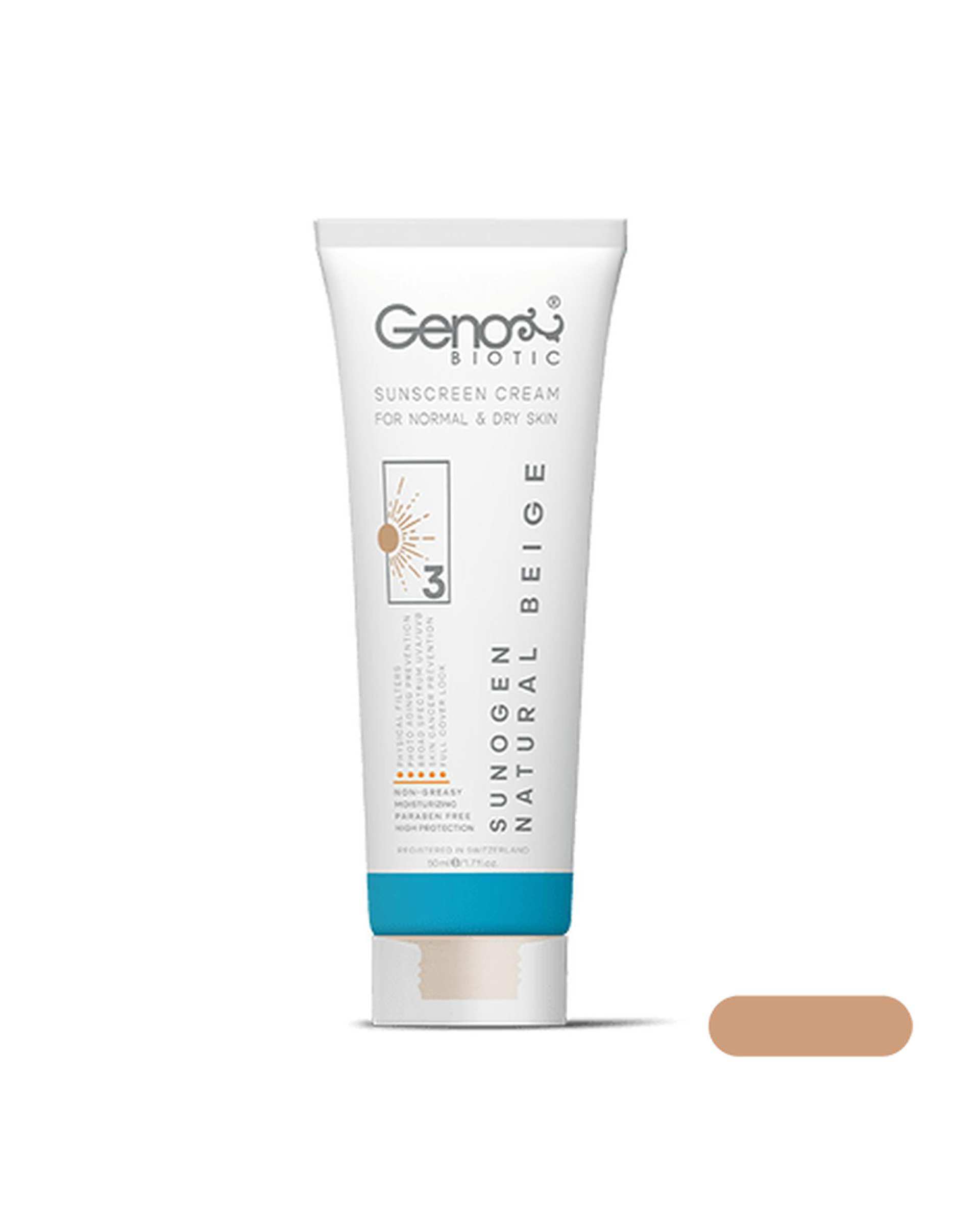 کرم ضد آفتاب رنگی SPF50 سانوژن ژنوبایوتیک Genobiotic مناسب پوست خشک و معمولی رنگ بژ طبیعی