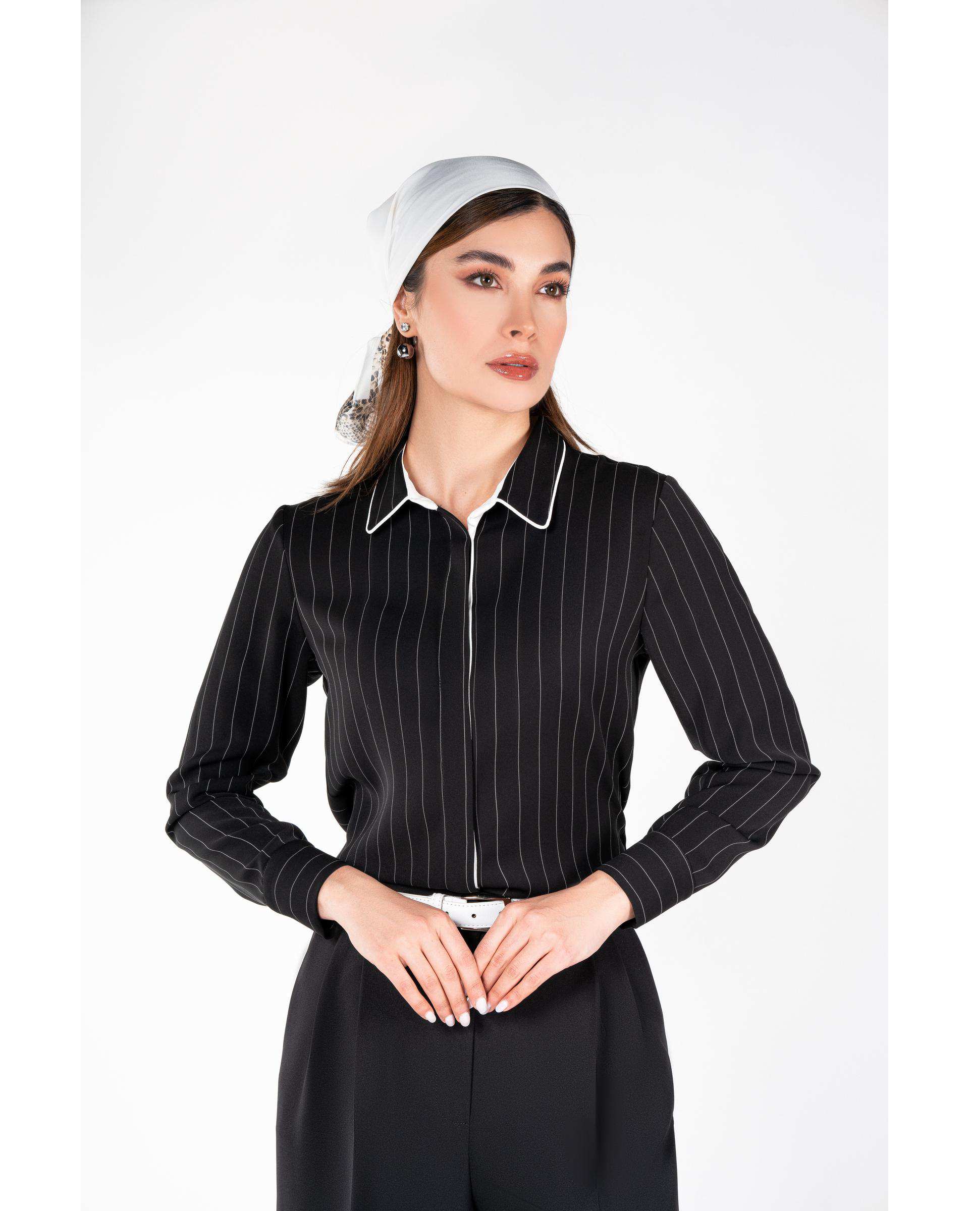 شومیز زنانه مشکی راه راه تولیکا Tulika کد 33035