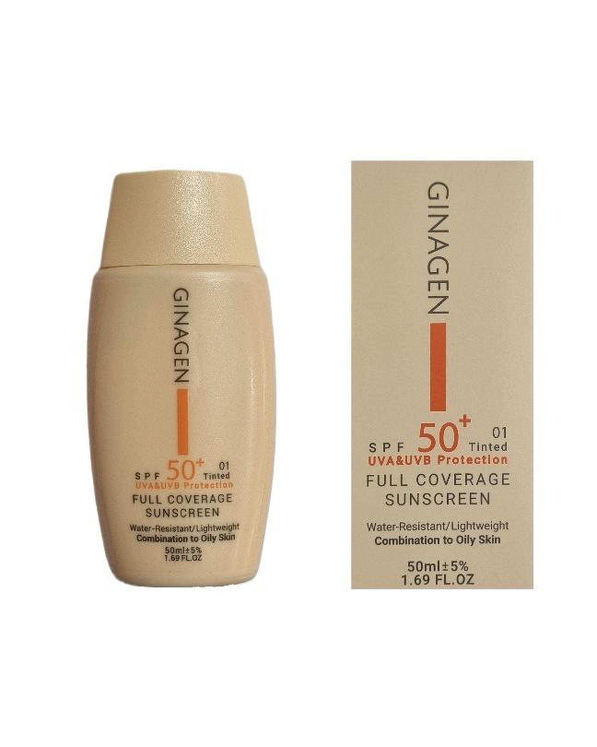 کرم ضد آفتاب رنگی SPF50 ژیناژن مدل Full Coverage مناسب پوست چرب و مختلط شماره 01 حجم 50ml