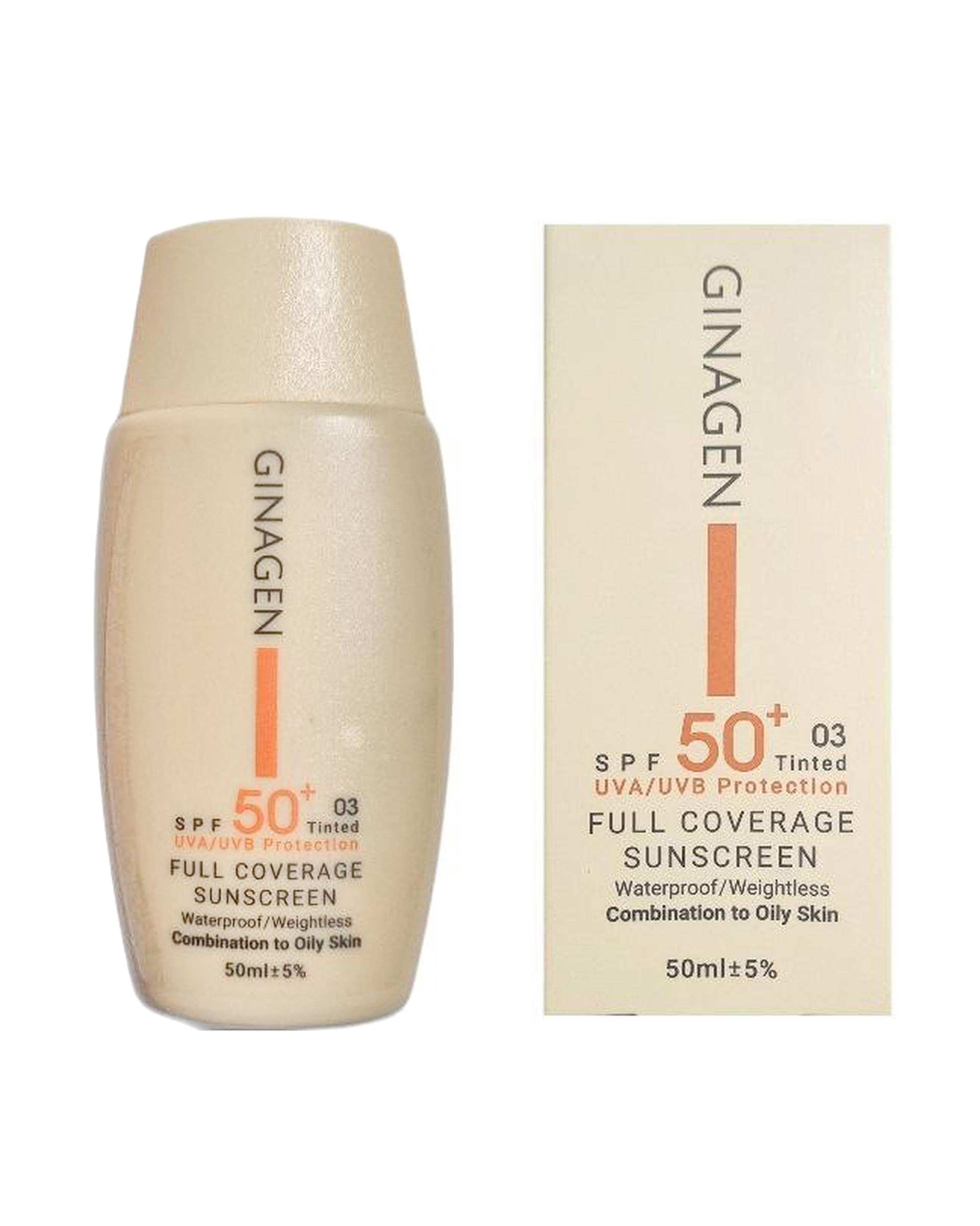 کرم ضد آفتاب رنگی SPF50 ژیناژن مدل Full Coverage مناسب پوست چرب و مختلط شماره 03 حجم 50ml