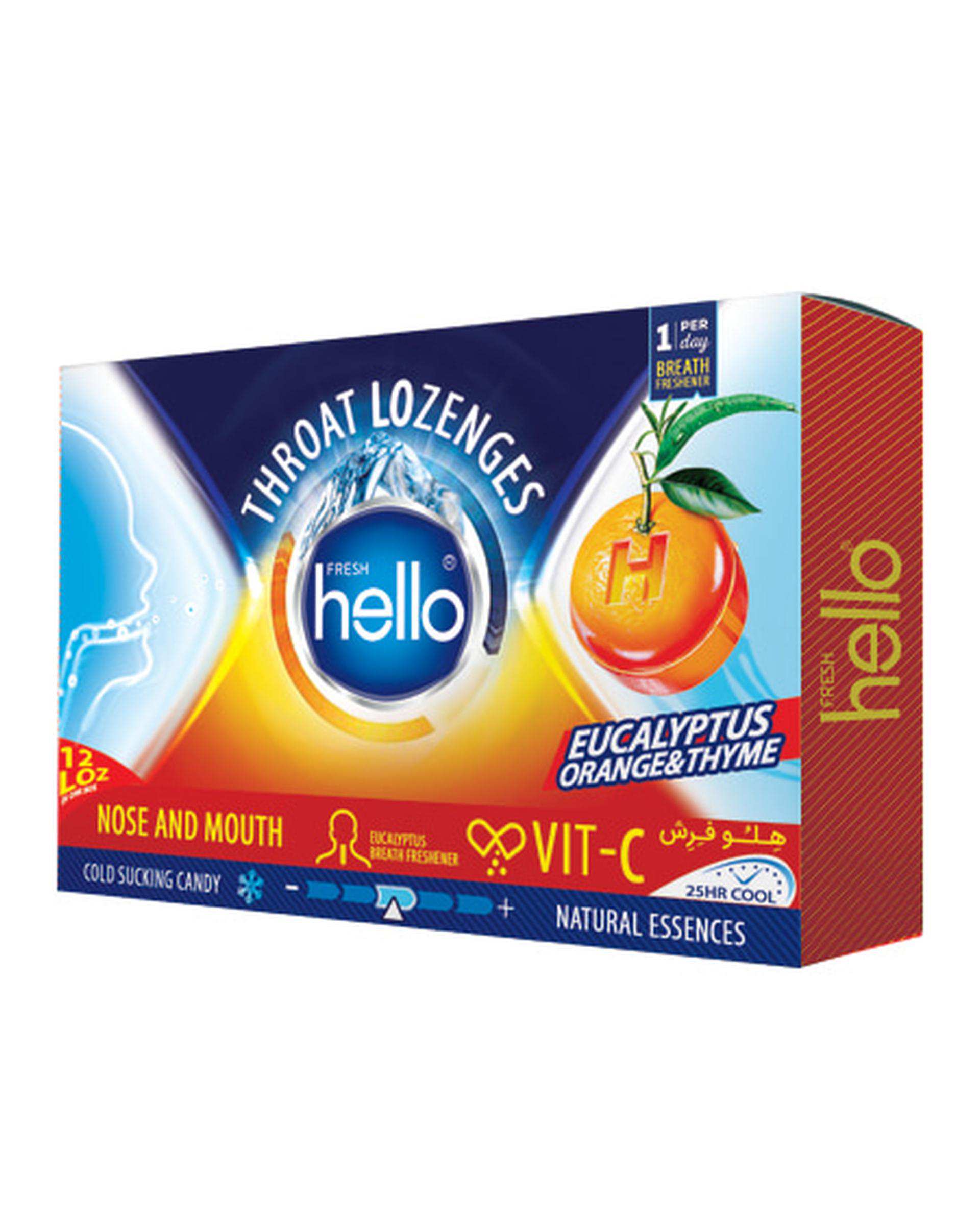 قرص آبنبات سرد هلو فرش Hello Fresh حاوی اکالیپتوس و آویشن با طعم پرتقال بسته 12 عددی