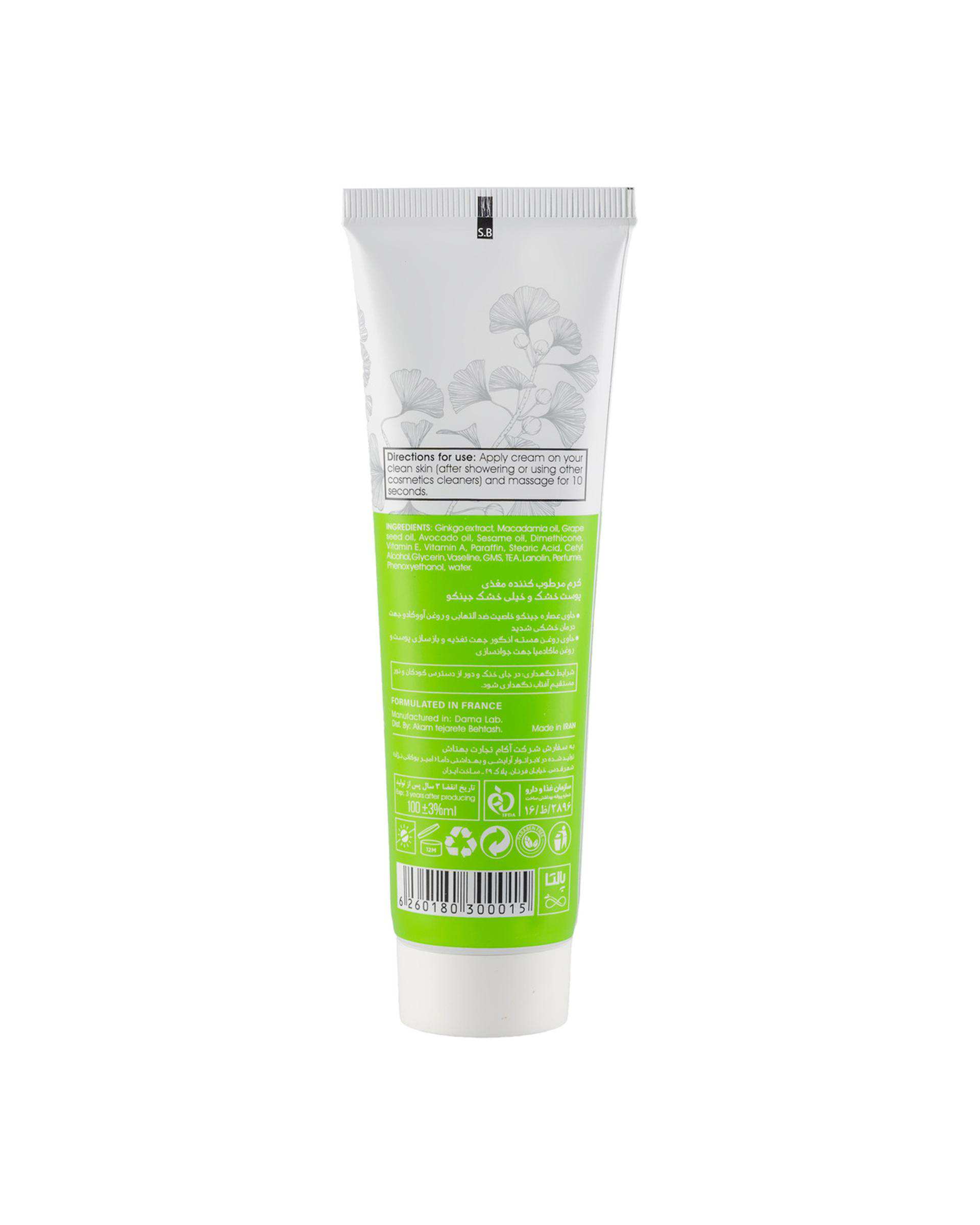 کرم مرطوب کننده دست و صورت تیوپی پالتا Paletta مدل Ginkgo مناسب پوست خشک و خیلی خشک حجم 100ml
