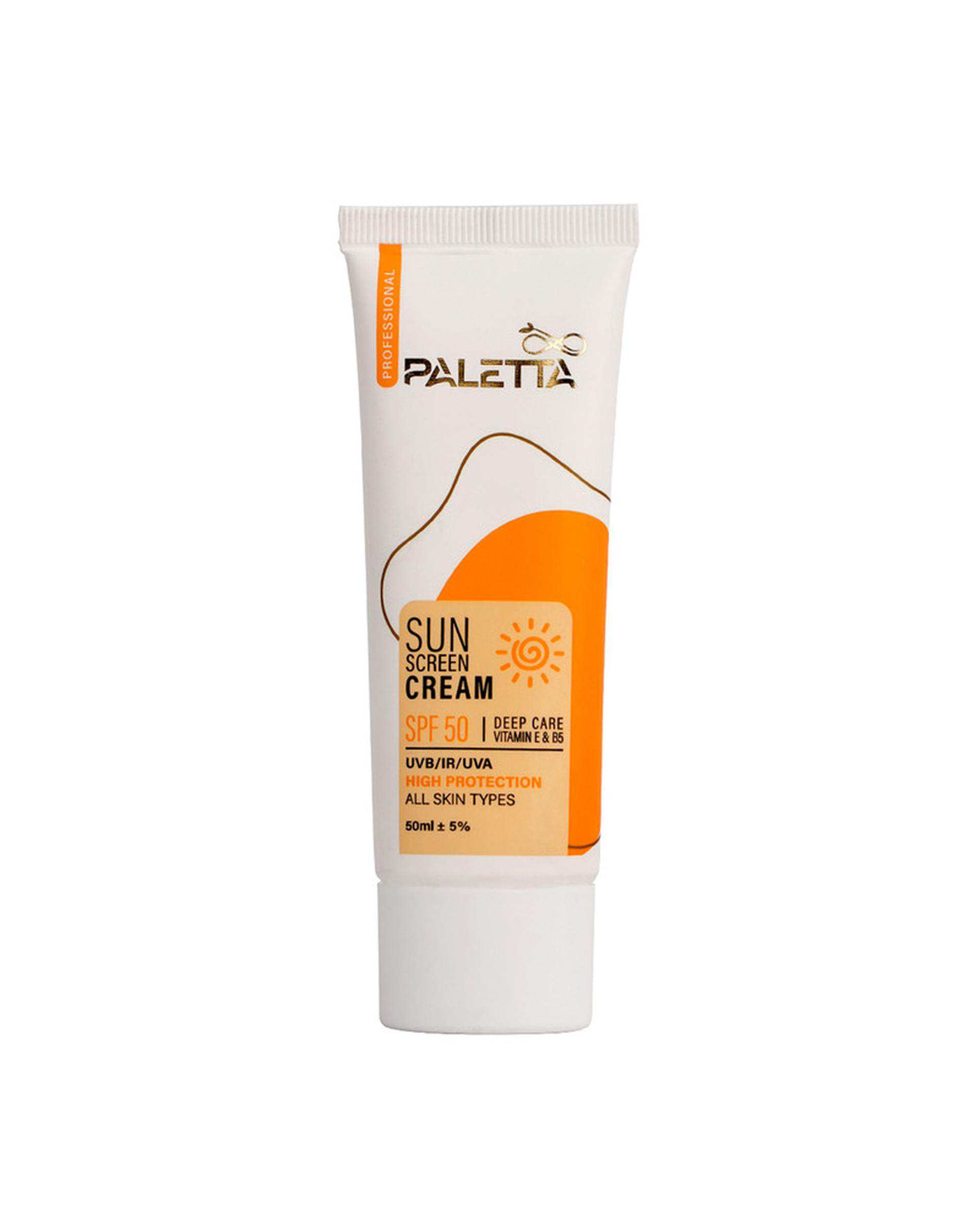 کرم ضد آفتاب بی رنگ SPF50 پالتا Paletta مدل High protection مناسب انواع پوست حجم 50ml