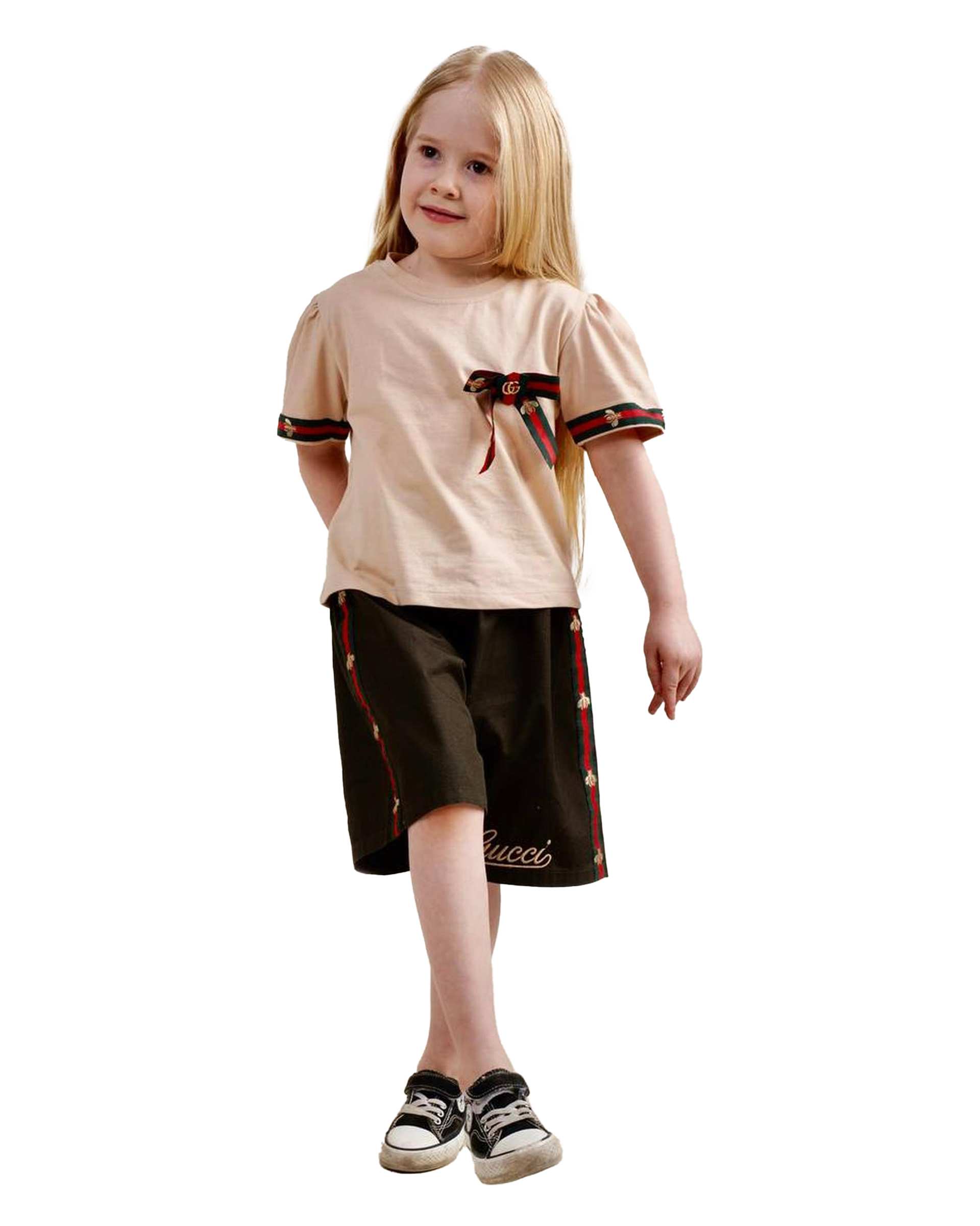 ست تی شرت و شلوارک دخترانه کرم سبز الیزا کیدز Eliza Kids کد 460 طرح Gucci