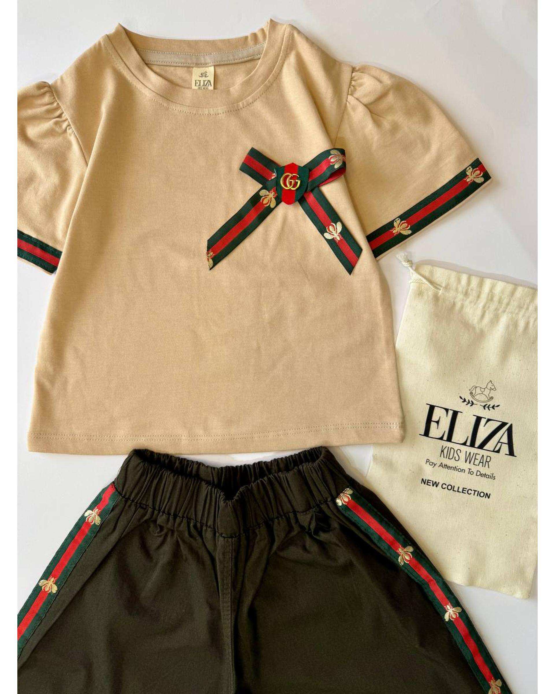 ست تی شرت و شلوارک دخترانه کرم سبز الیزا کیدز Eliza Kids کد 460 طرح Gucci