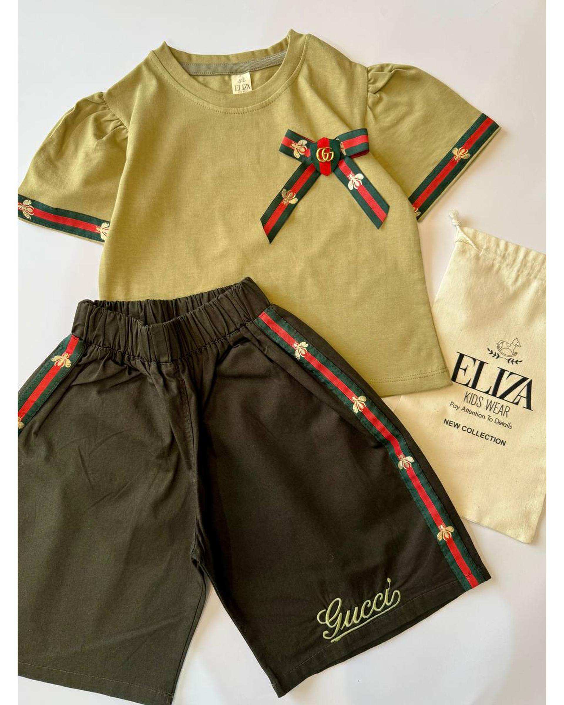 ست تی شرت و شلوارک دخترانه سبز الیزا کیدز Eliza Kids کد 460 طرح Gucci